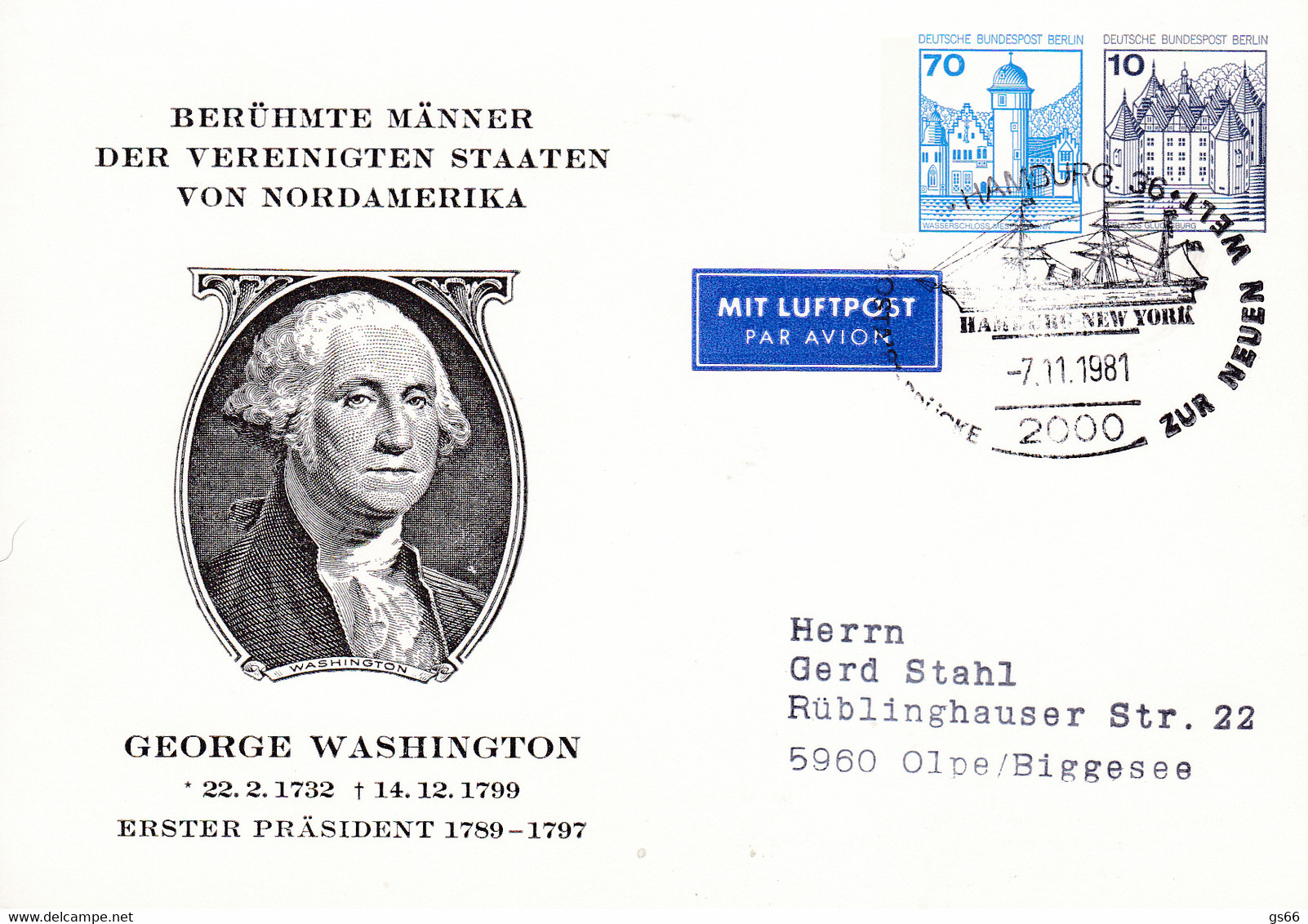 Berlin, PP 087 B1/001, BuSchl 70/10,  George Washington - Cartes Postales Privées - Oblitérées