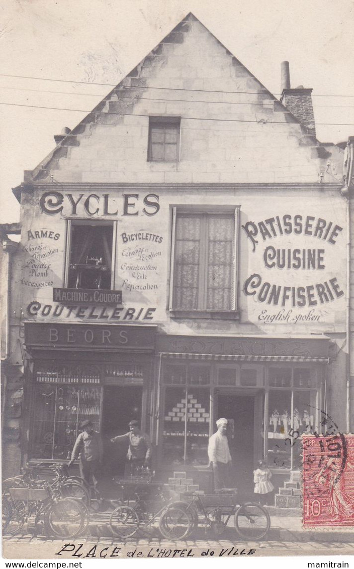 BLERE . CARTE PHOTO . VITRINE CYCLES COUTELLERIE PATISSERIE CONFISERIE CUISINE 1908 - Bléré