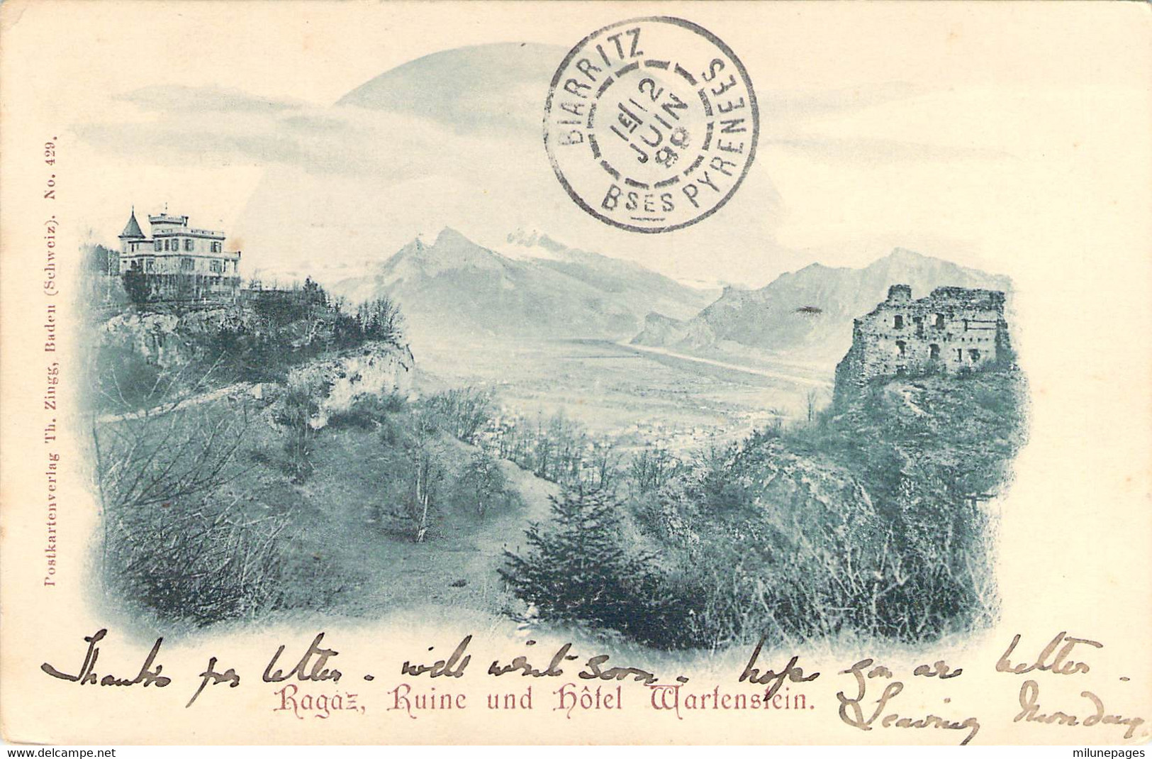 SUISSE Schweiz SG Ruine Und Hotel Wartenstein RAGAZ + Cachet Hotel Ragatz Circulé 1899 - Stein