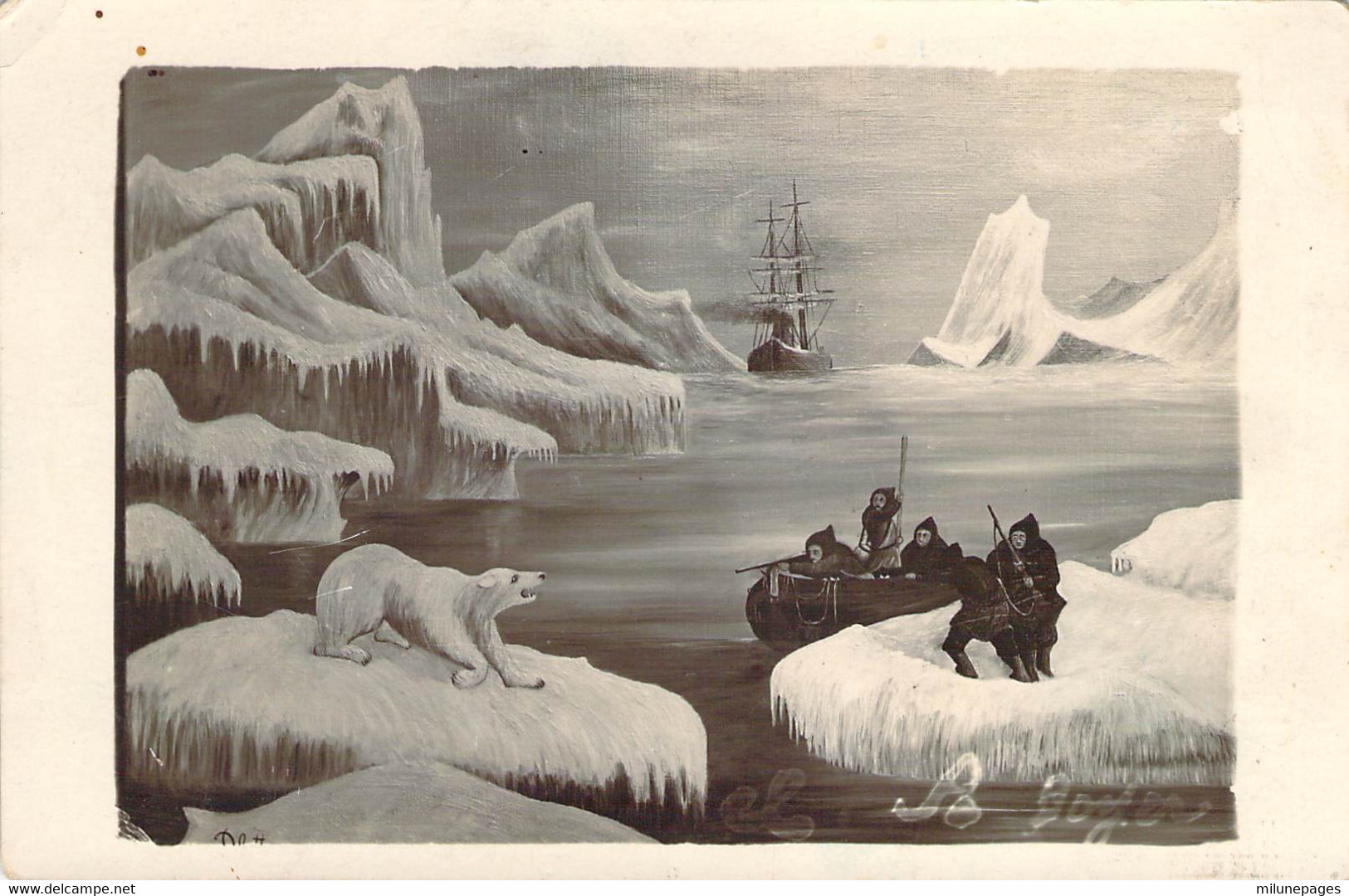 GROENLAND Polaire Arctique Illustration Chasse à L'Ours Blanc Sur La Banquise Signée Boyer - Groenland