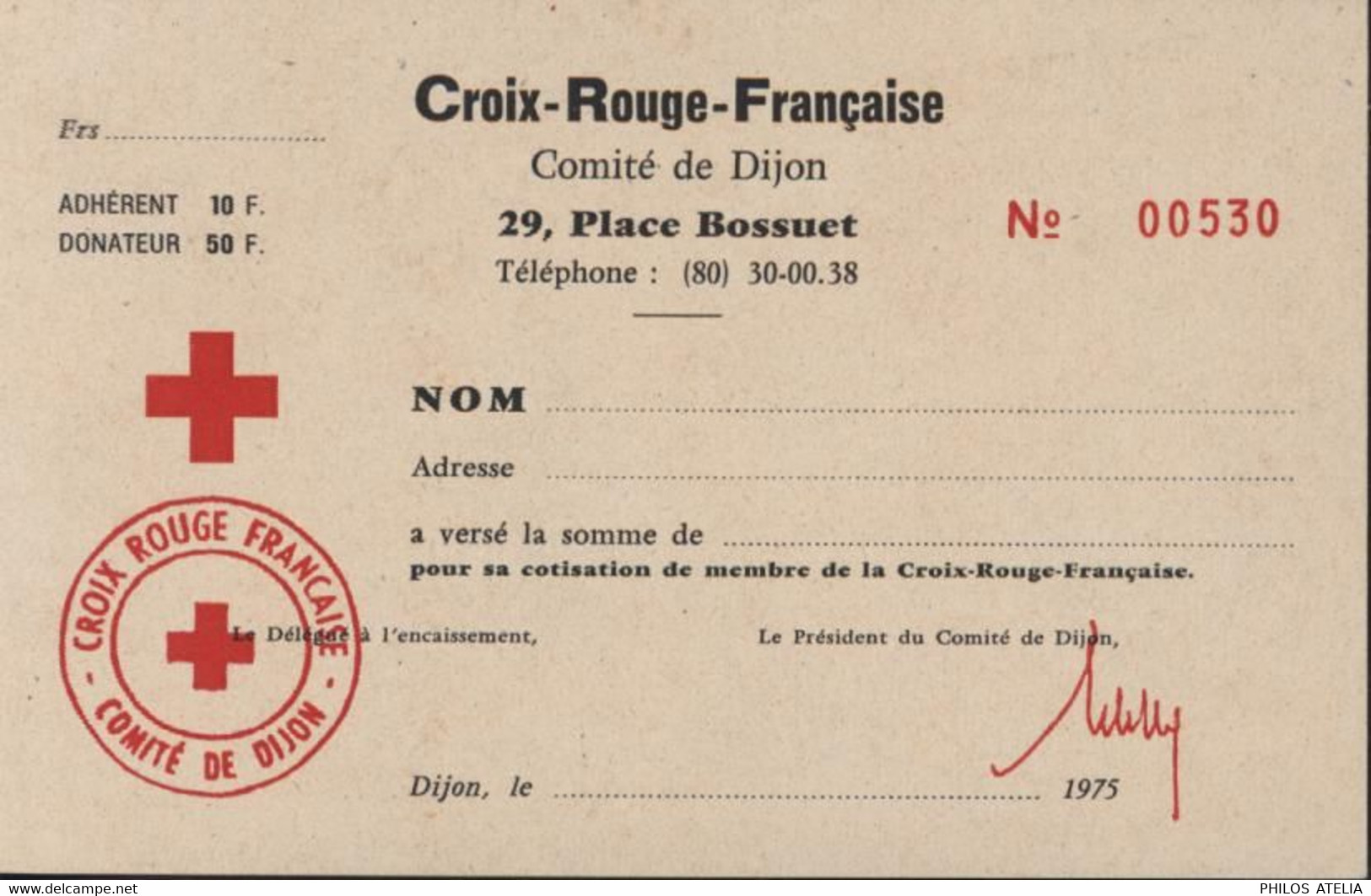Carte Neuve Croix Rouge Française Comité Dijon Cotisation Membre 1975 - Cruz Roja