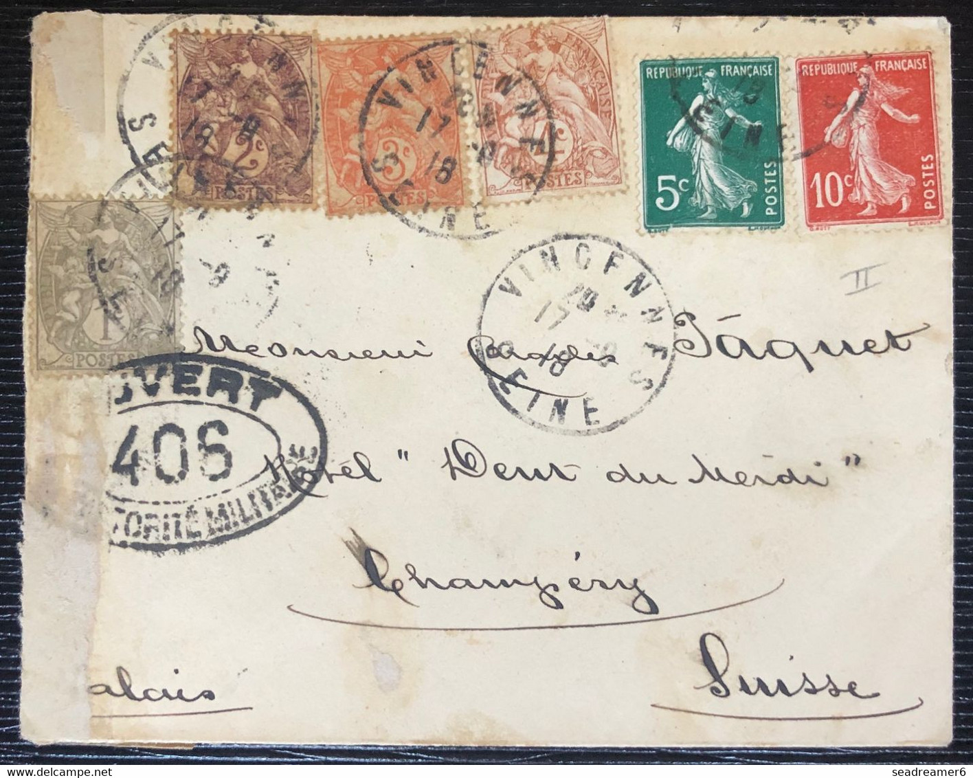 Petite Lettre 6 Couleurs !! 1918 Blanc/semeuse N° 107,108,109,110, 138 Type II Obl Vincennes Pour La Suisse + Censure !! - 1900-29 Blanc