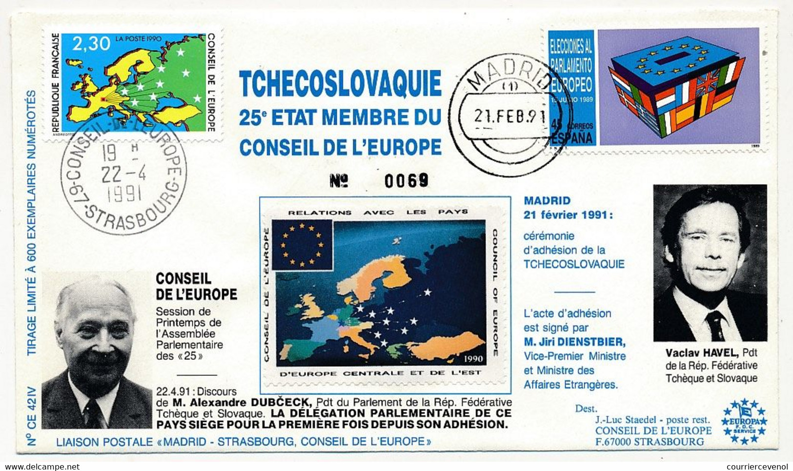 ESPAGNE / FRANCE - Adhésion De La Tchécoslovaquie Au Conseil De L'Europe - 21 Fev 1991 - MADRID / Strasbourg 22/4/1991 - Covers & Documents