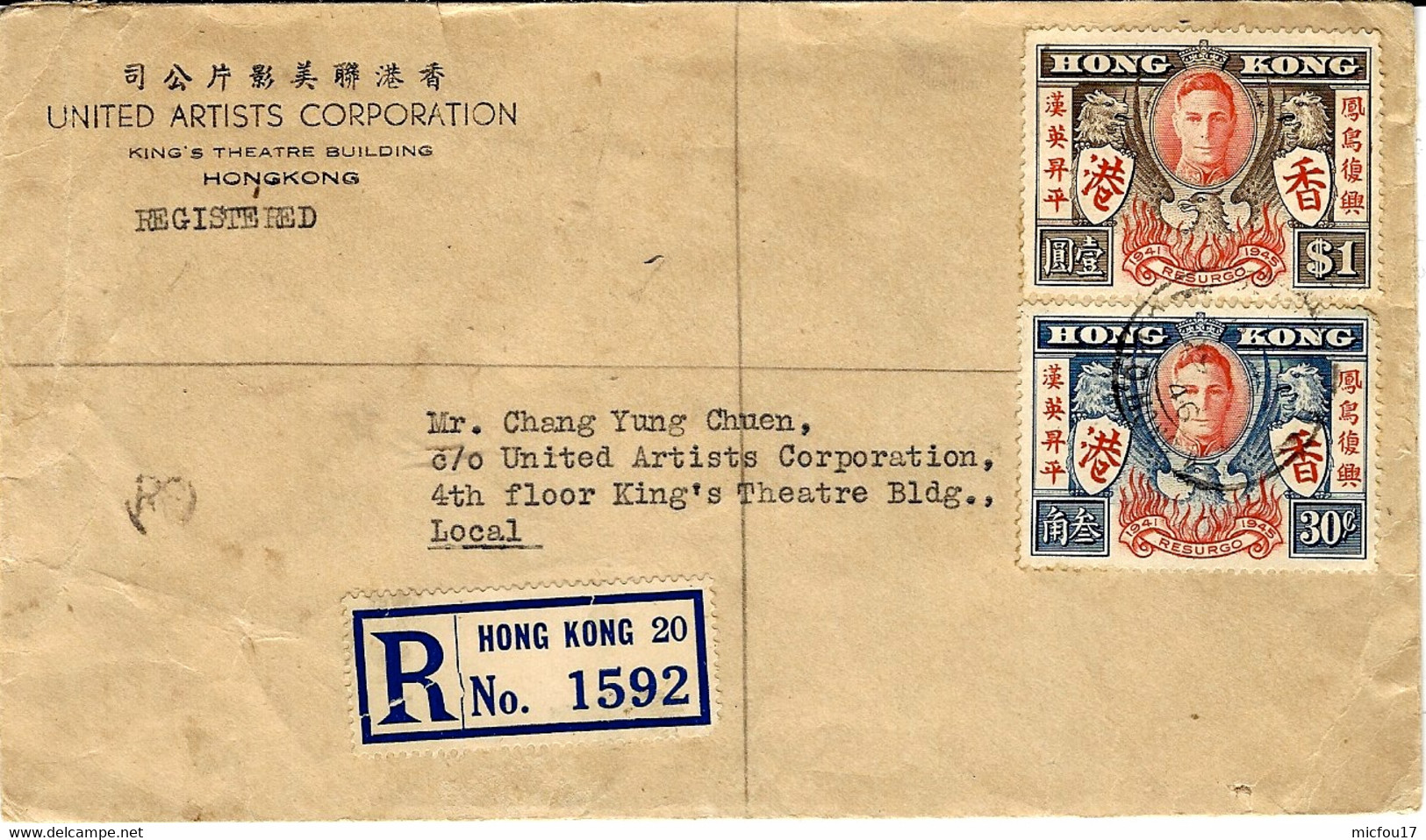 1946- REG. Cover  From HONG KONG 20   Fr. 1,30 $  Local Mail - Lettres & Documents