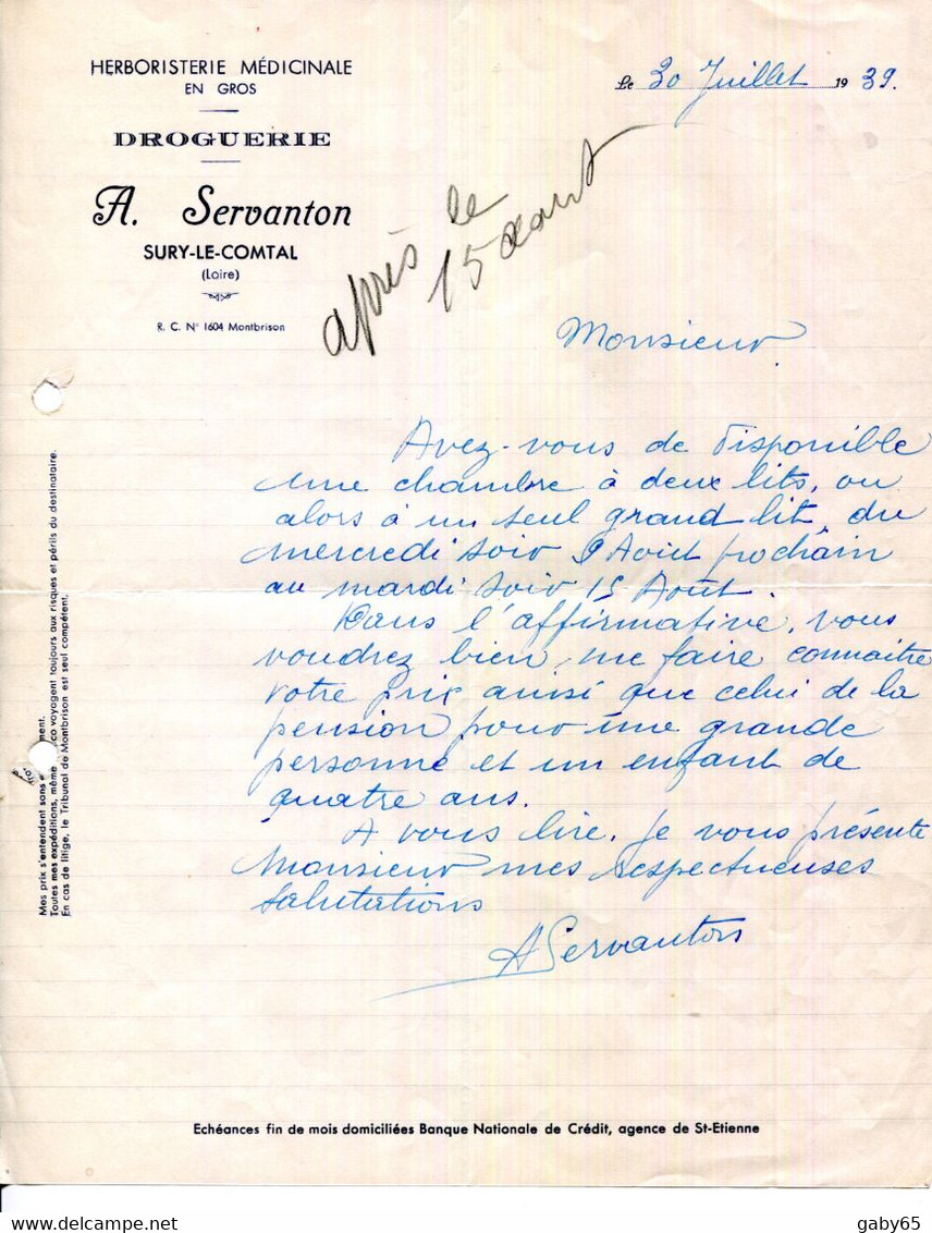 42.LOIRE.SURY LE COMTAL.HERBORISTERIE MEDICINALE.DROGUERIE.A.SERVANTON. - Perfumería & Droguería