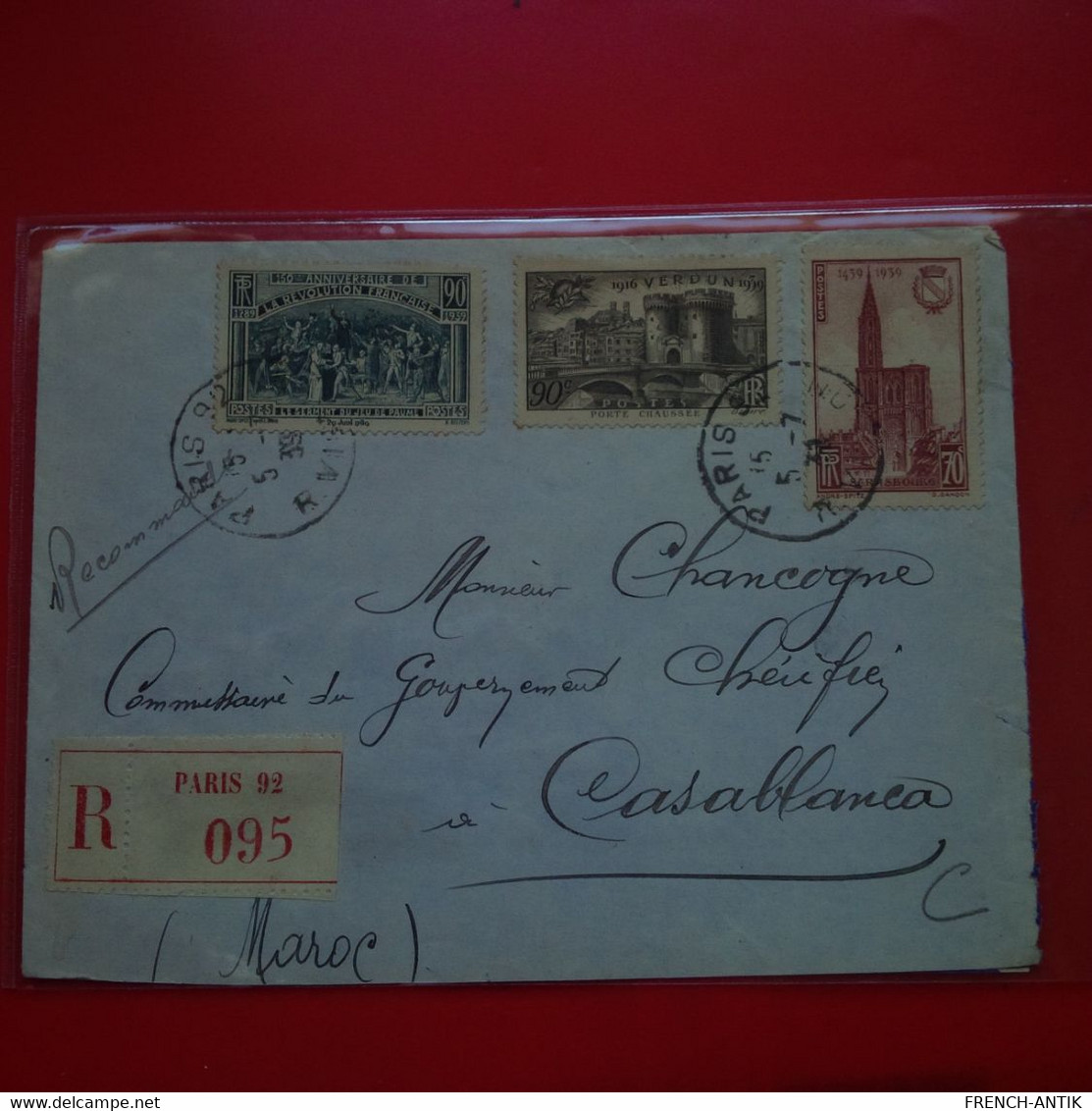 LETTRE RECOMANDE PARIS POUR CASABLANCA COMMISSAIRE DU GOUVERNEMENT CHERIFIEN 1939 - Cartas & Documentos