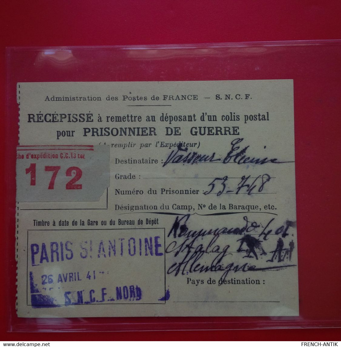 RECEPISSE POUR PRISONNIER DE GUERRE CACHET PARIS ST ANTOINE S.N.C.F NORD - Cartas & Documentos