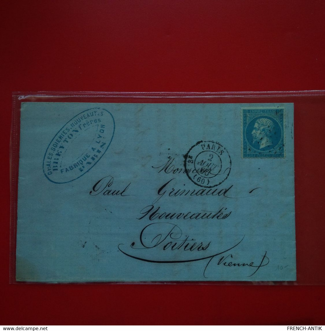 LETTRE PARIS POUR POITIERS PUB CHALES SOIERIES 1865 - 1862 Napoléon III