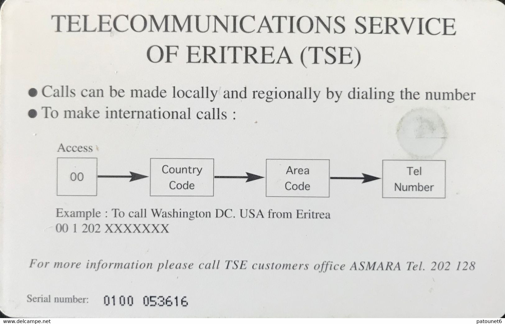 ERYTHREE  -  Phonecard  -  TSE   -  Three Seasons In Two Hours   -   Nakfa 25 - Erythrée