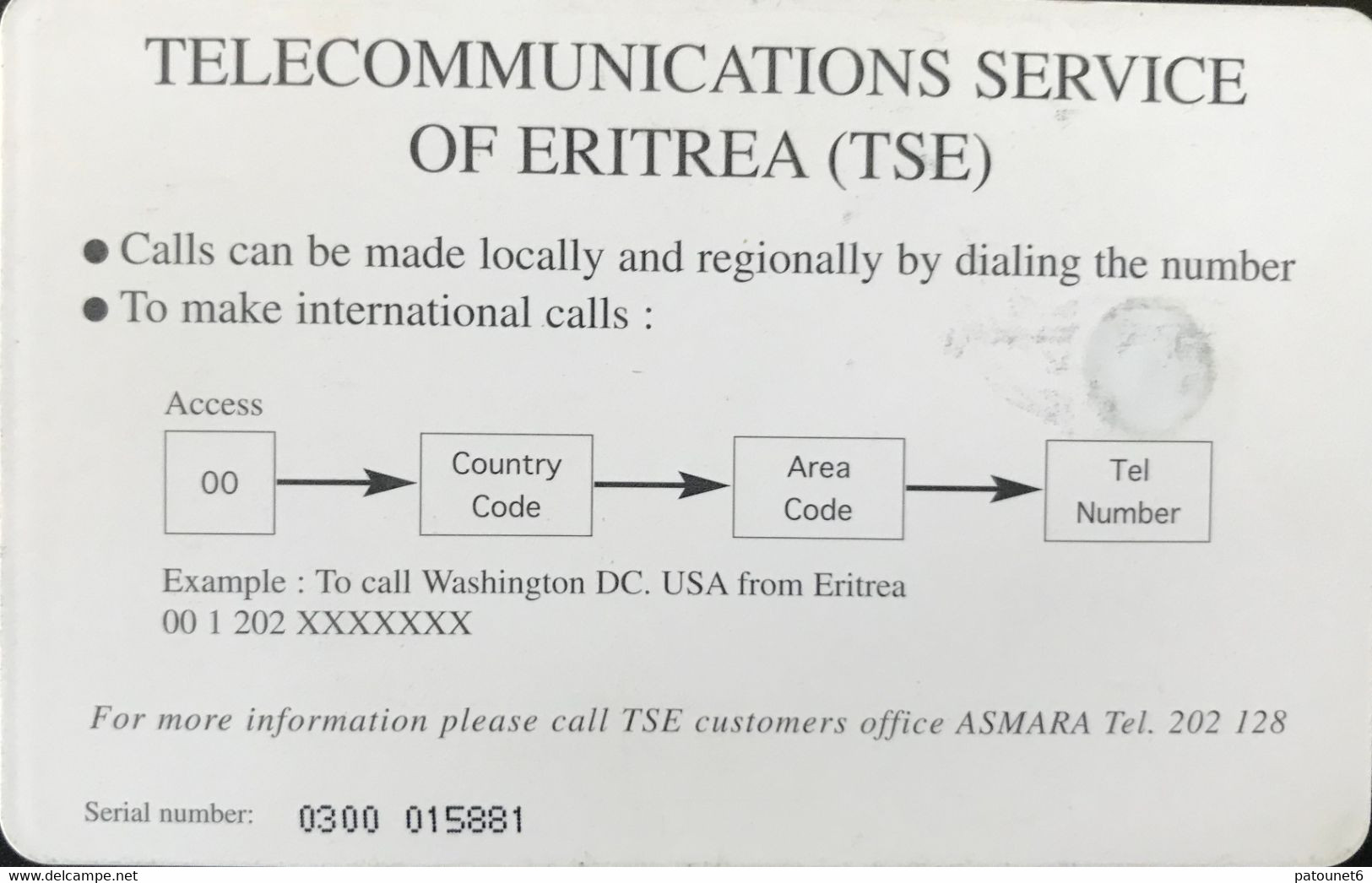 ERYTHREE  -  Phonecard  -  TSE   - Three Seasons In Two Hours -   Nakfa 100 - Erythrée
