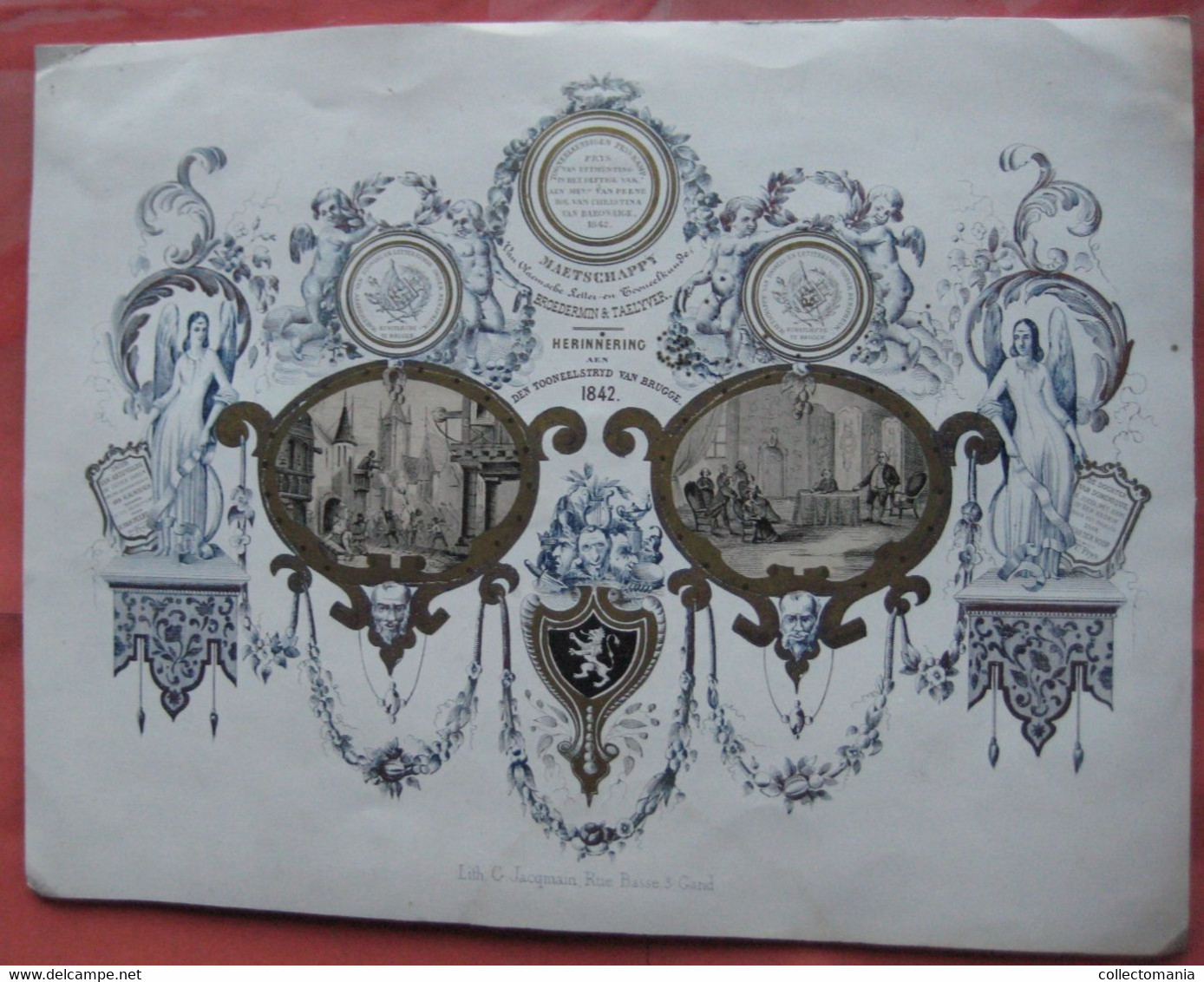 1 Carte Porcelaine Maatschappij  Toneel &Letterkunde Kunstliefde Brugge Prijs Uitmunting In Het Deftige Vak 1842 Lith. - Porcelaine