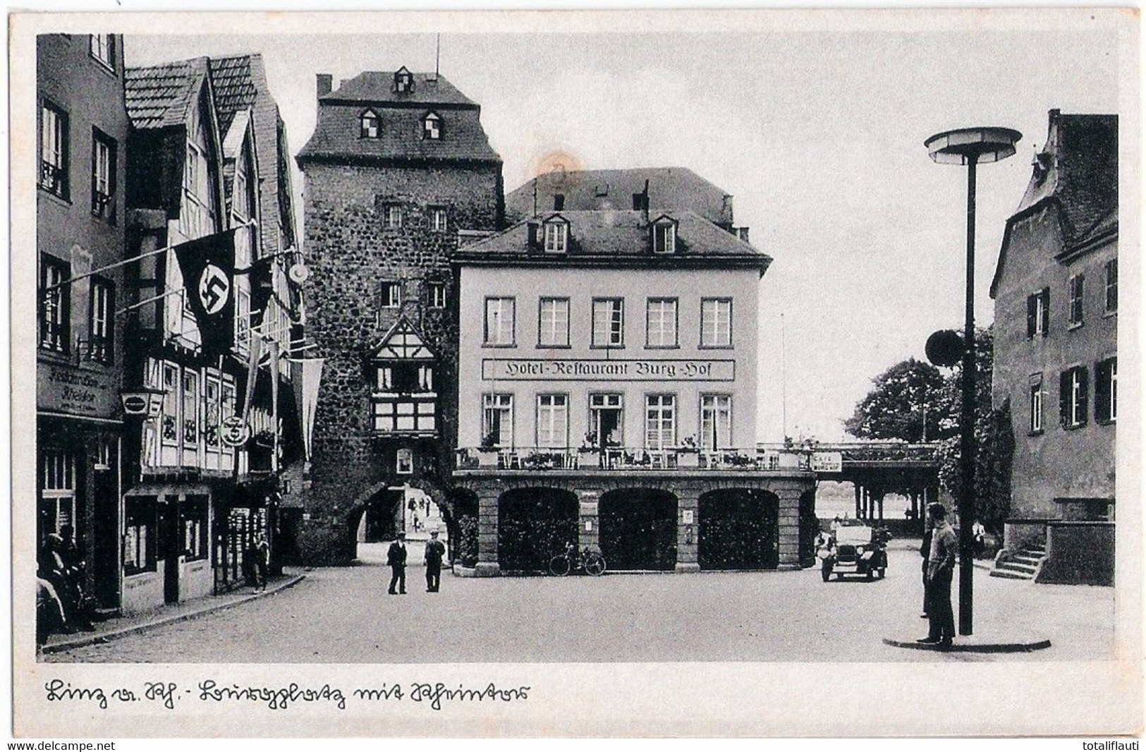 LINZ Am Rhein Burgplatz M Restaurant Rheintor Hotel Retaurant Burg Hof Um 1937 Ungelaufen - Linz A. Rhein