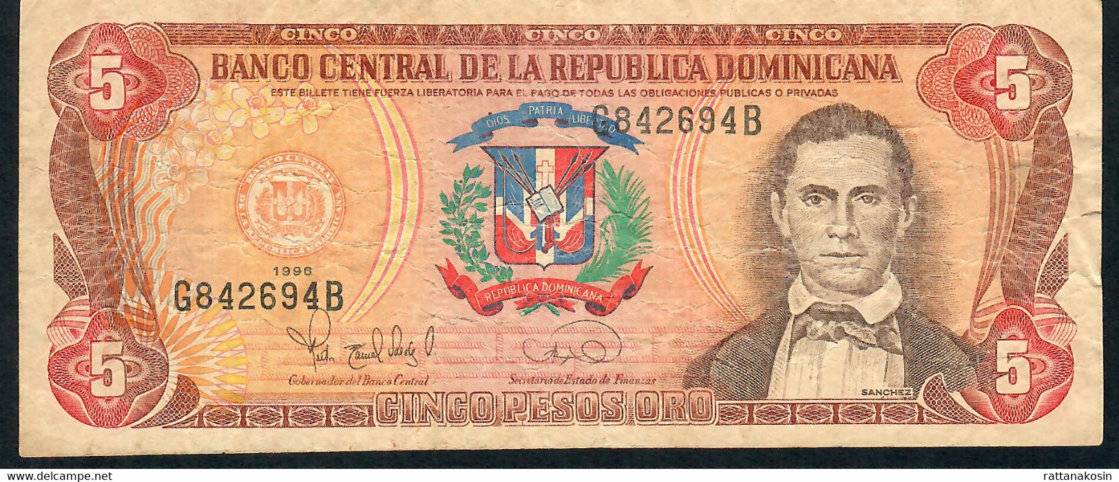 Dominican Republic 152 5 PESOS ORO 1996   #G/B      AVF NO P.h. - Dominikanische Rep.