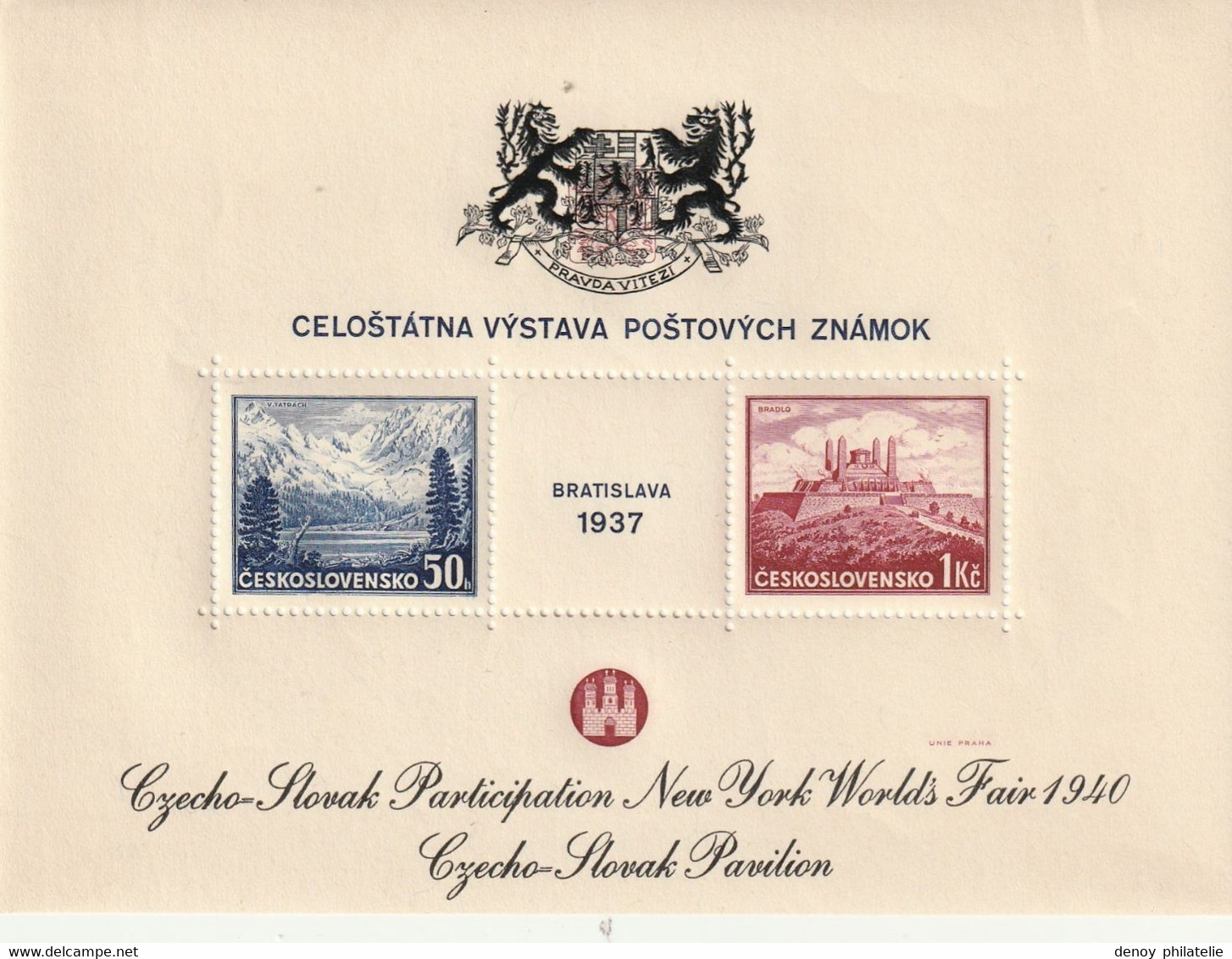 Tchécoslovaquie Bloc 1937 Surchargé Nevv York Worlds Faix 1940 Blason Noir , Avec Trace De Charniére * - Hojas Bloque