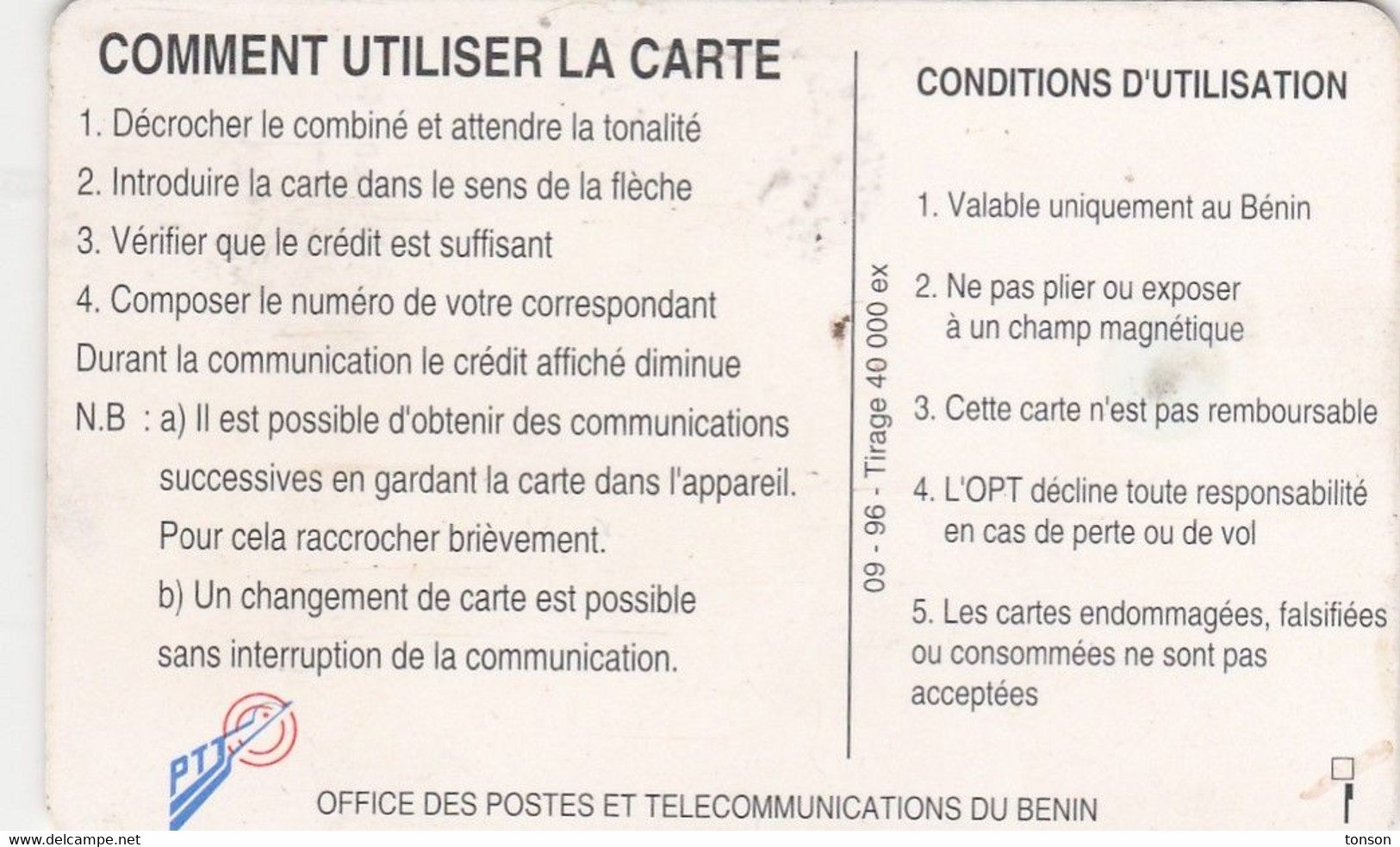 Benin, BEN-21b, Telephone Tariffs 2 (09/96), 2 Scans   Chip :  GEM1B (Not Symmetric White/Gold) - Benin