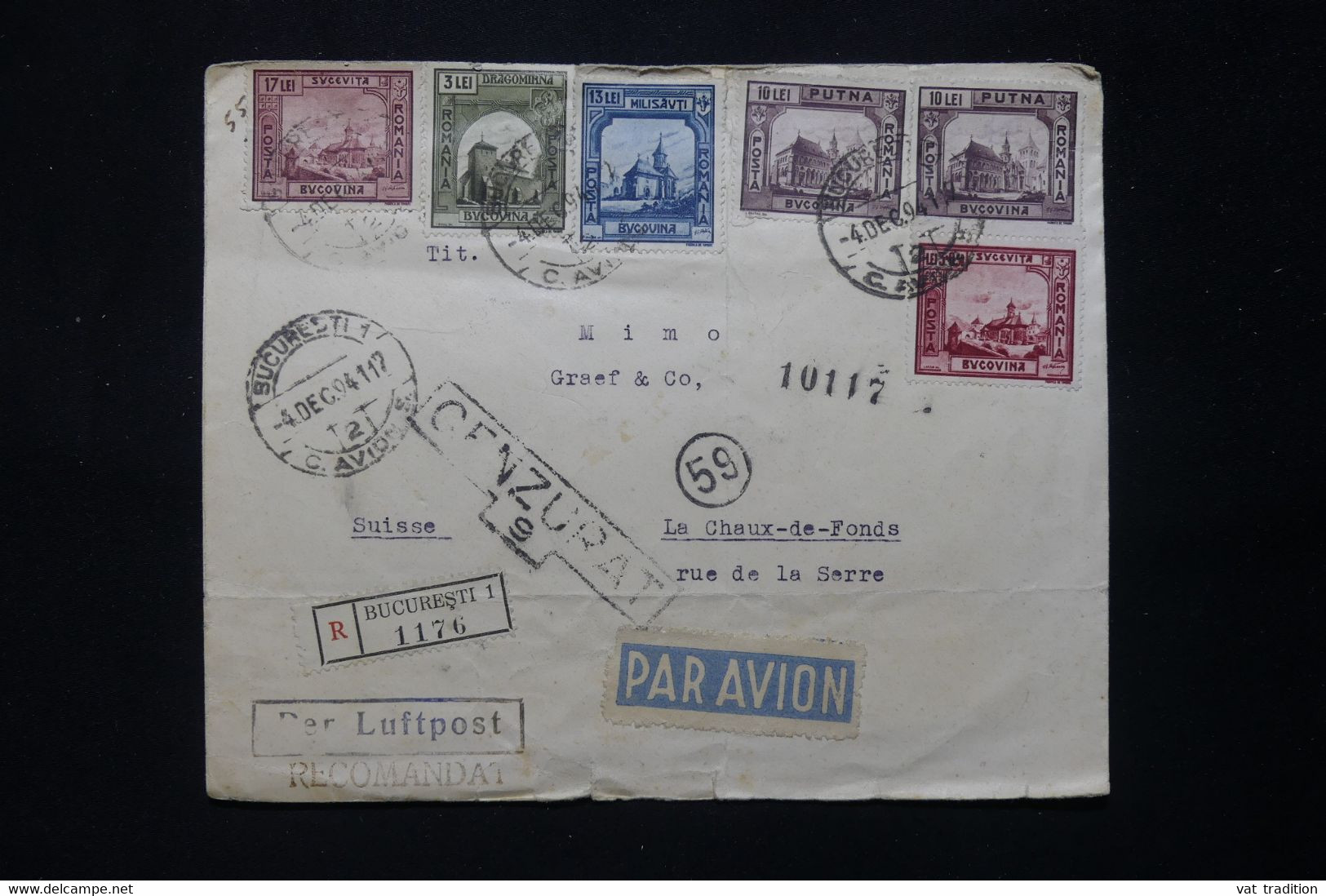 ROUMANIE - Enveloppe De Bucarest En Recommandé Pour La Suisse En 1941 Par Avion Avec Cachet De Censure- L 78561 - Lettres 1ère Guerre Mondiale