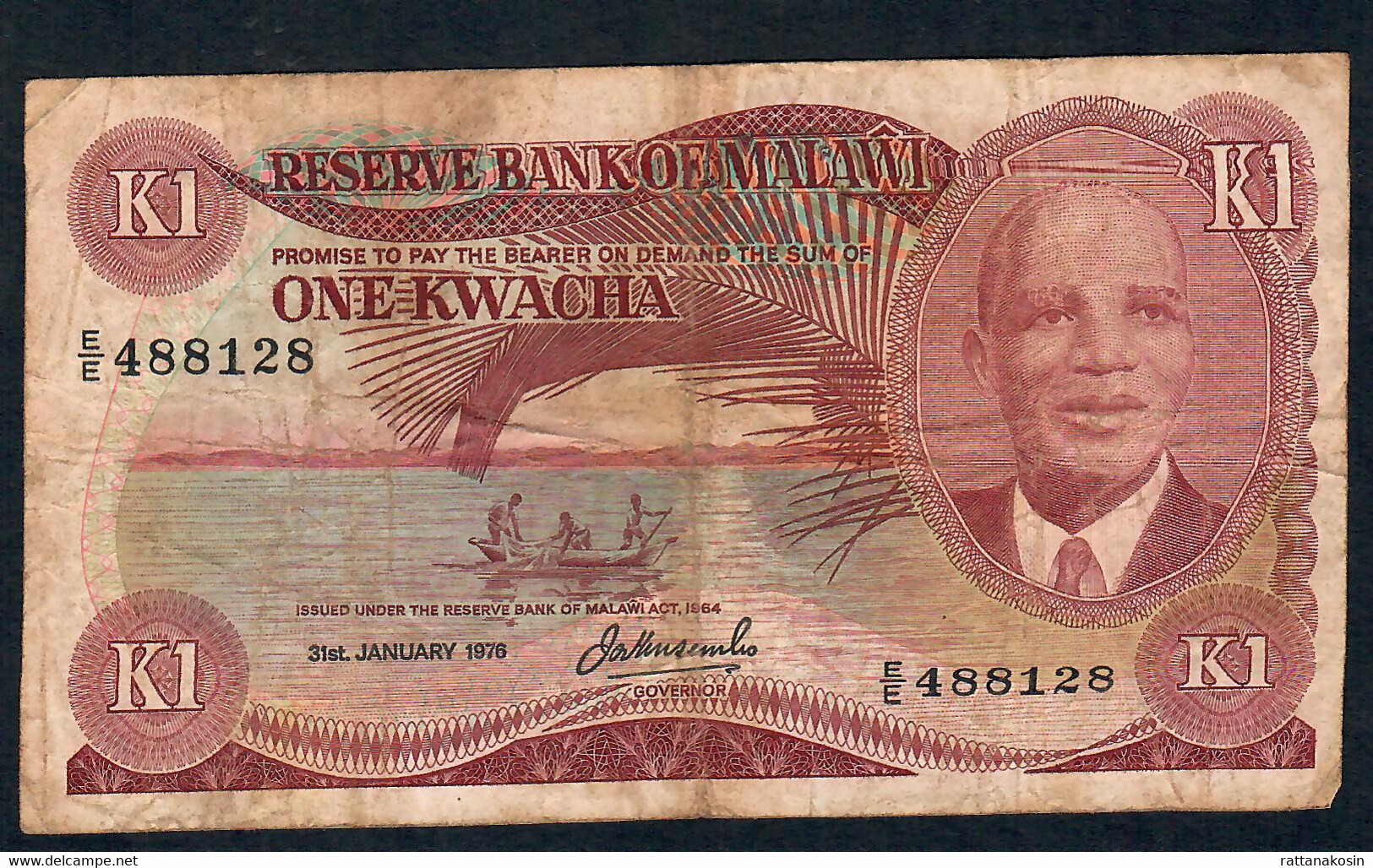 MALAWI P14a 1 KWACHA  1976  #E/E          F-VF NO P.h. - Malawi