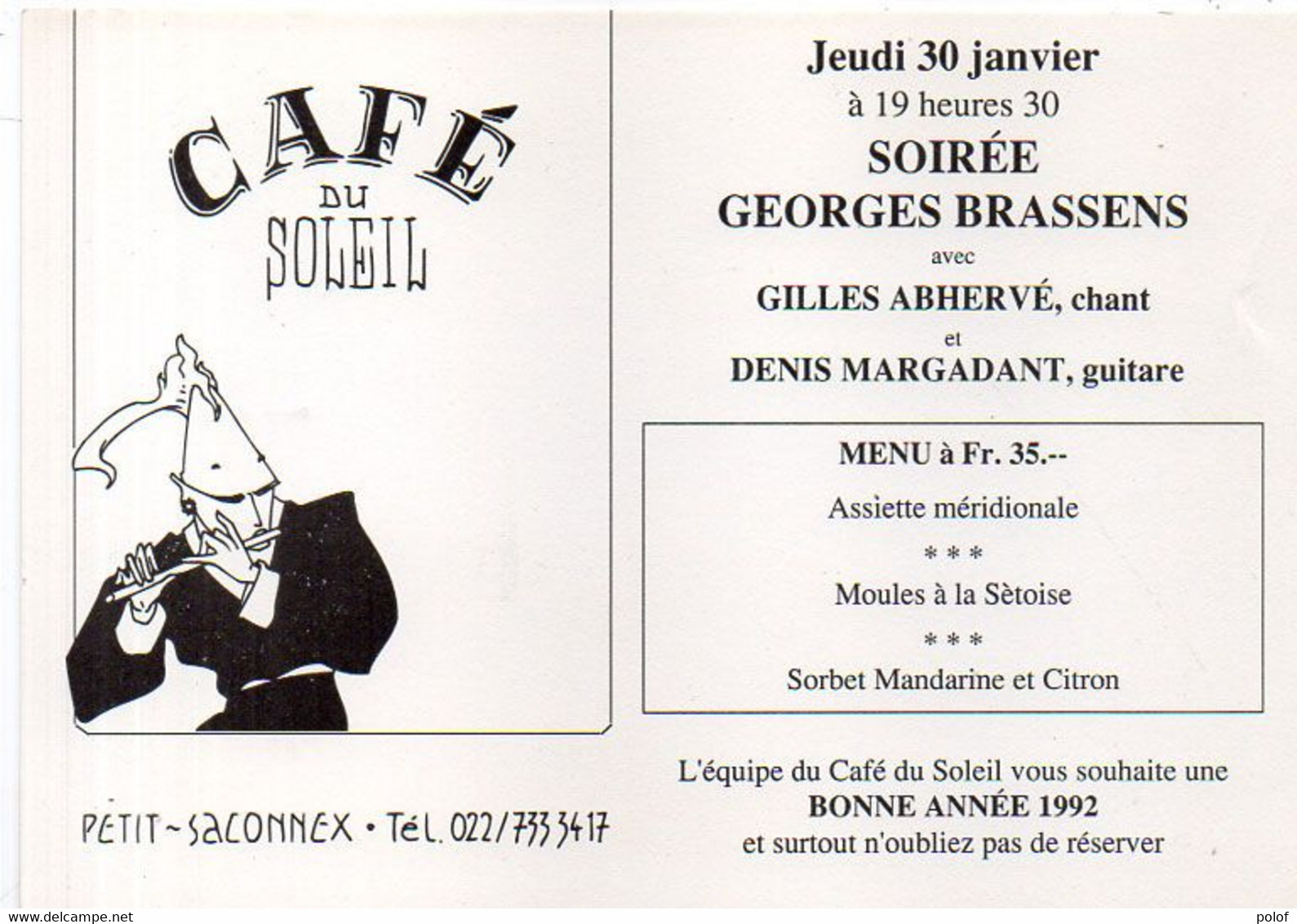 PETIT SACONNEX - Café Du Soleil - Soirée Georges Brassens   - Cachet P.P. 1299 Crans..1992  (120037) - Assens