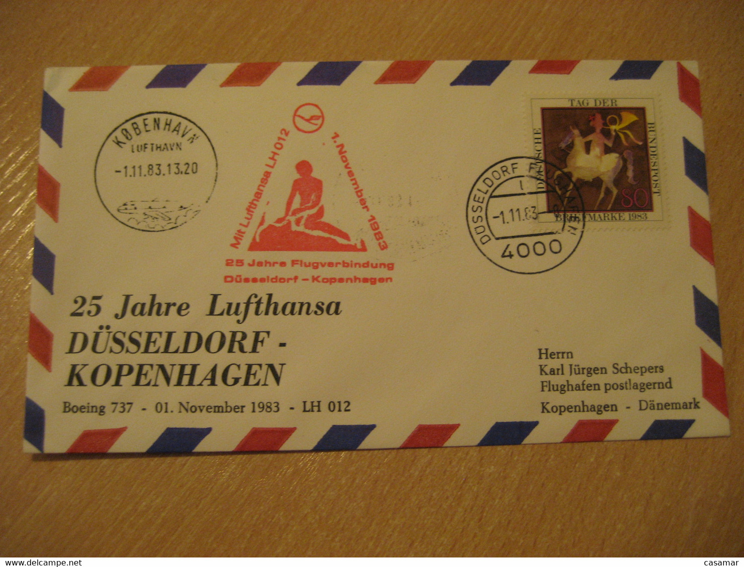 COPENHAGEN Dusseldorf 1983 Lufthansa Airline Boeing 737 First Flight 25 Year Cancel Cover DENMARK GERMANY - Posta Aerea