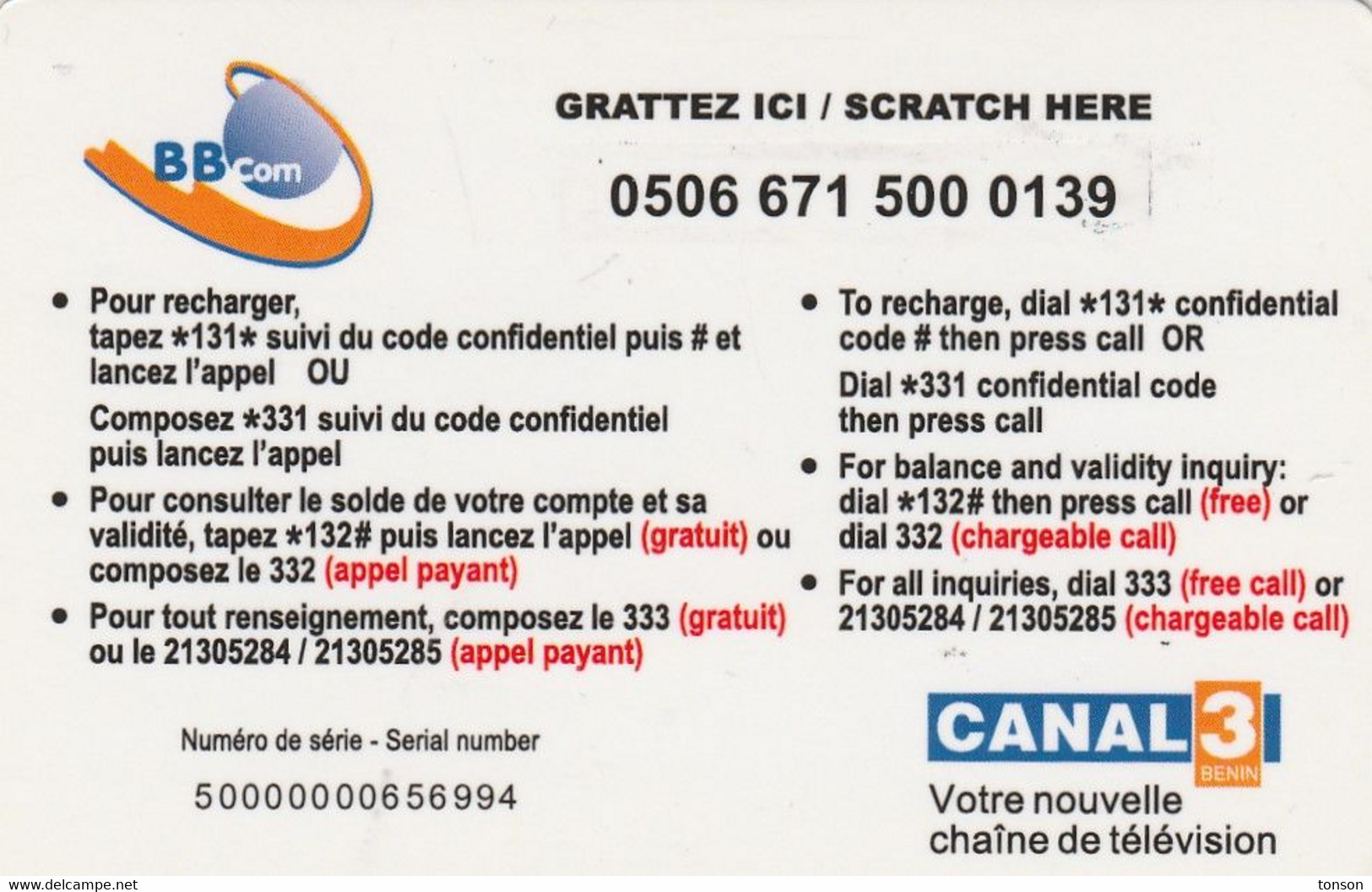 Benin, BJ-ORE-REF-0003, 5000 Cfa, Bell Benin Communications - Oremi, 2 Scans. - Bénin