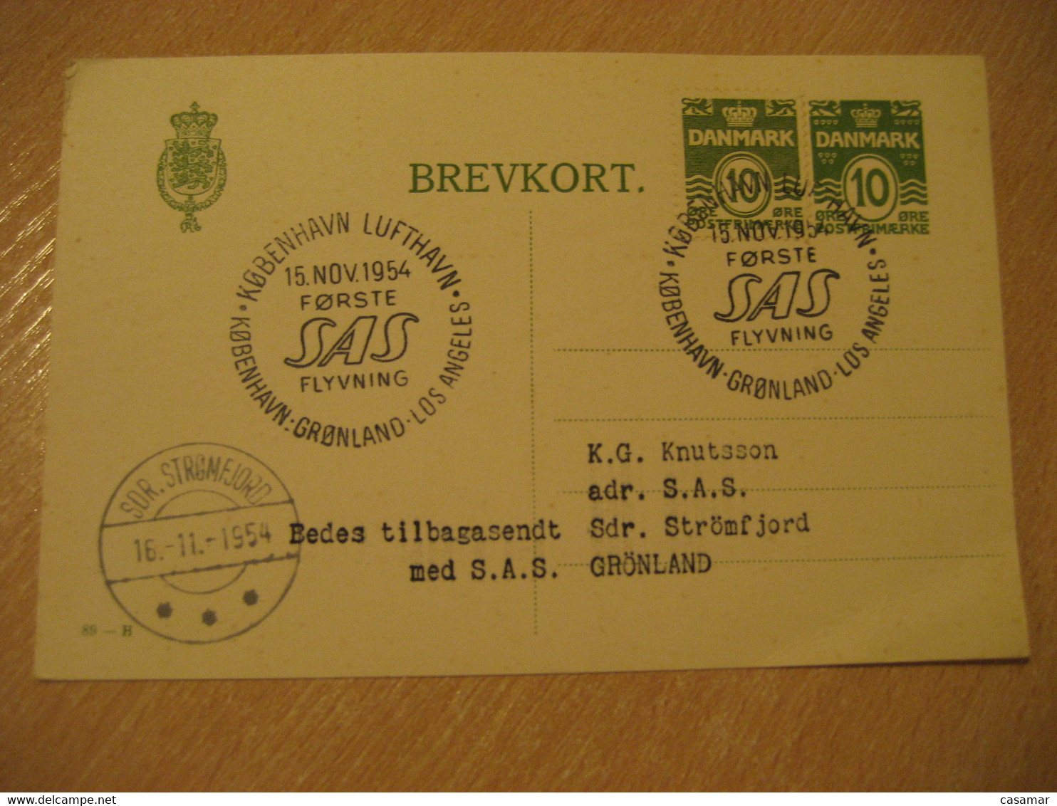 STROMFJORD Kangerlussuaq Los Angeles Copenhagen 1954 SAS Scandinavian Airlines First F Cancel Card GREENLAND USA DENMARK - Lettres & Documents