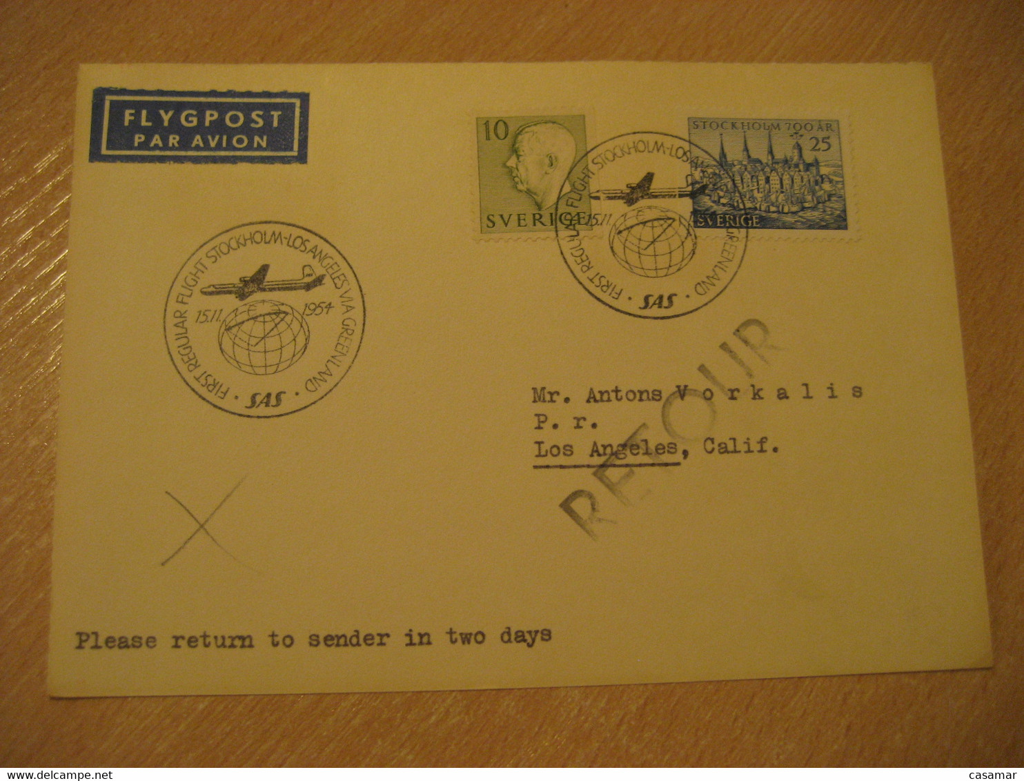 Stockholm Los Angeles VIA GREENLAND 1954 SAS Scandinavian Airlines Airline First Flight Cancel Card USA SWEDEN DENMARK - Covers & Documents