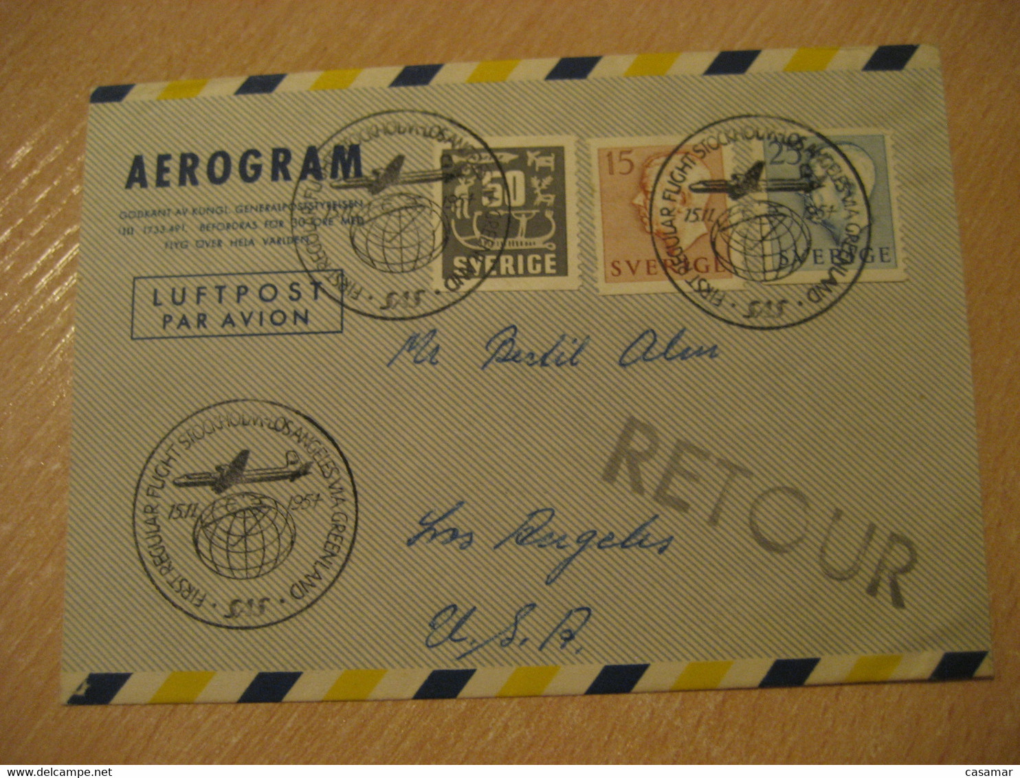 Stockholm Los Angeles VIA GREENLAND 1954 SAS Scandinavian Airlines First Flight Cancel Aerogramme USA SWEDEN DENMARK - Cartas & Documentos