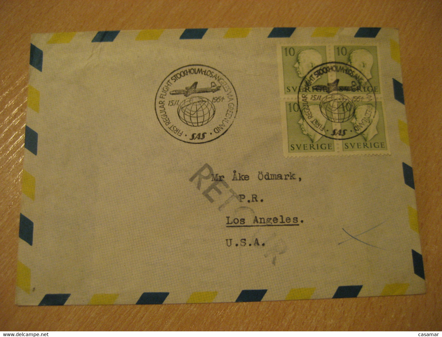 Stockholm Los Angeles VIA GREENLAND 1954 SAS Scandinavian Airlines First Flight Cancel Air Mail Cover USA SWEDEN Denmark - Briefe U. Dokumente