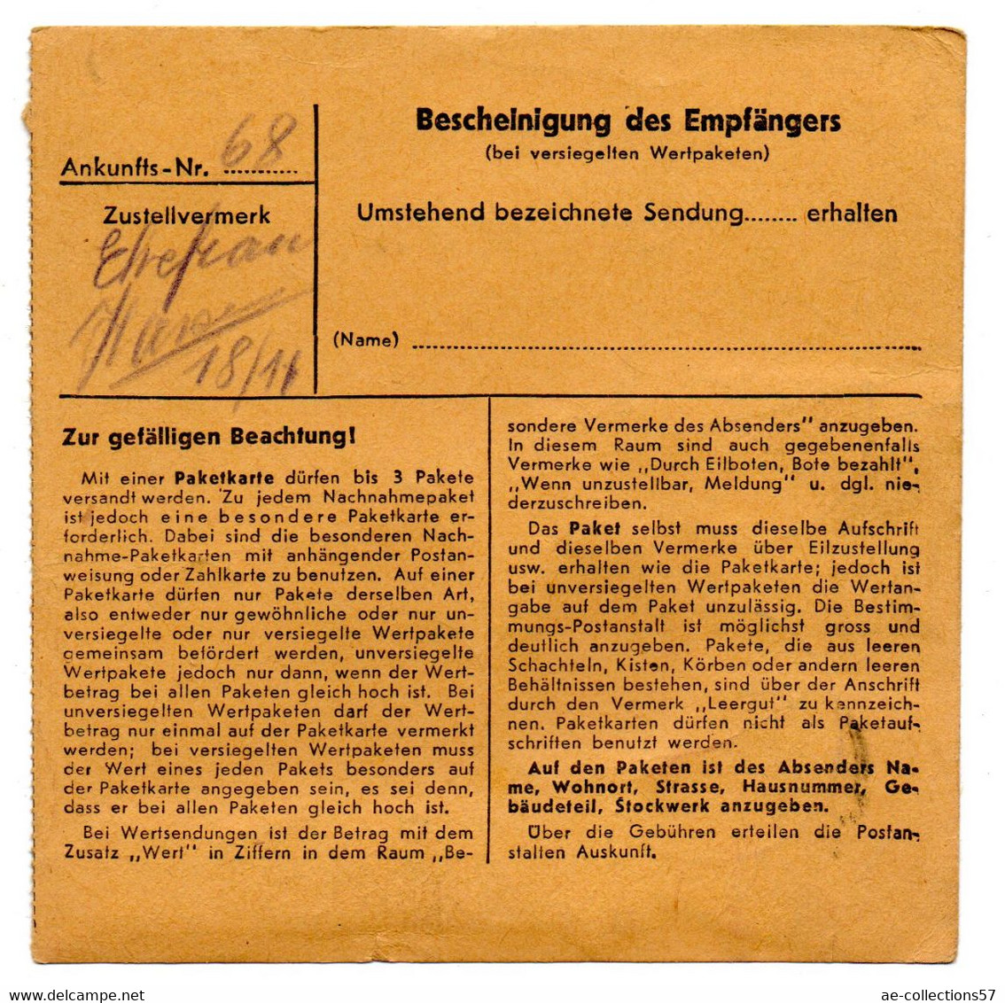 ALLEMAGNE  /  COLIS-POSTAL  /  De Dirschau / Pour Waldheim / 21/10/42 - Covers & Documents
