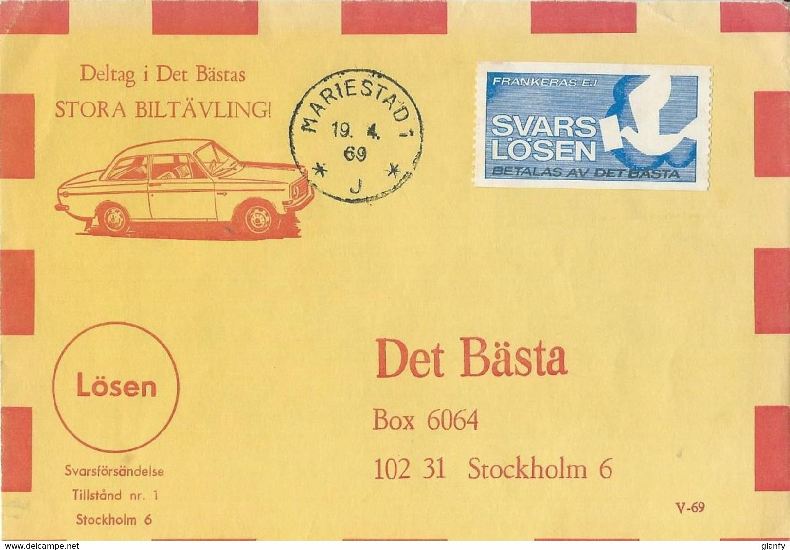 SWEDEN 1969 POSTAL PAID COVER SVARS LOSEN MARIESTAD SVEZIA BUSTA PREPAGATA - Andere & Zonder Classificatie