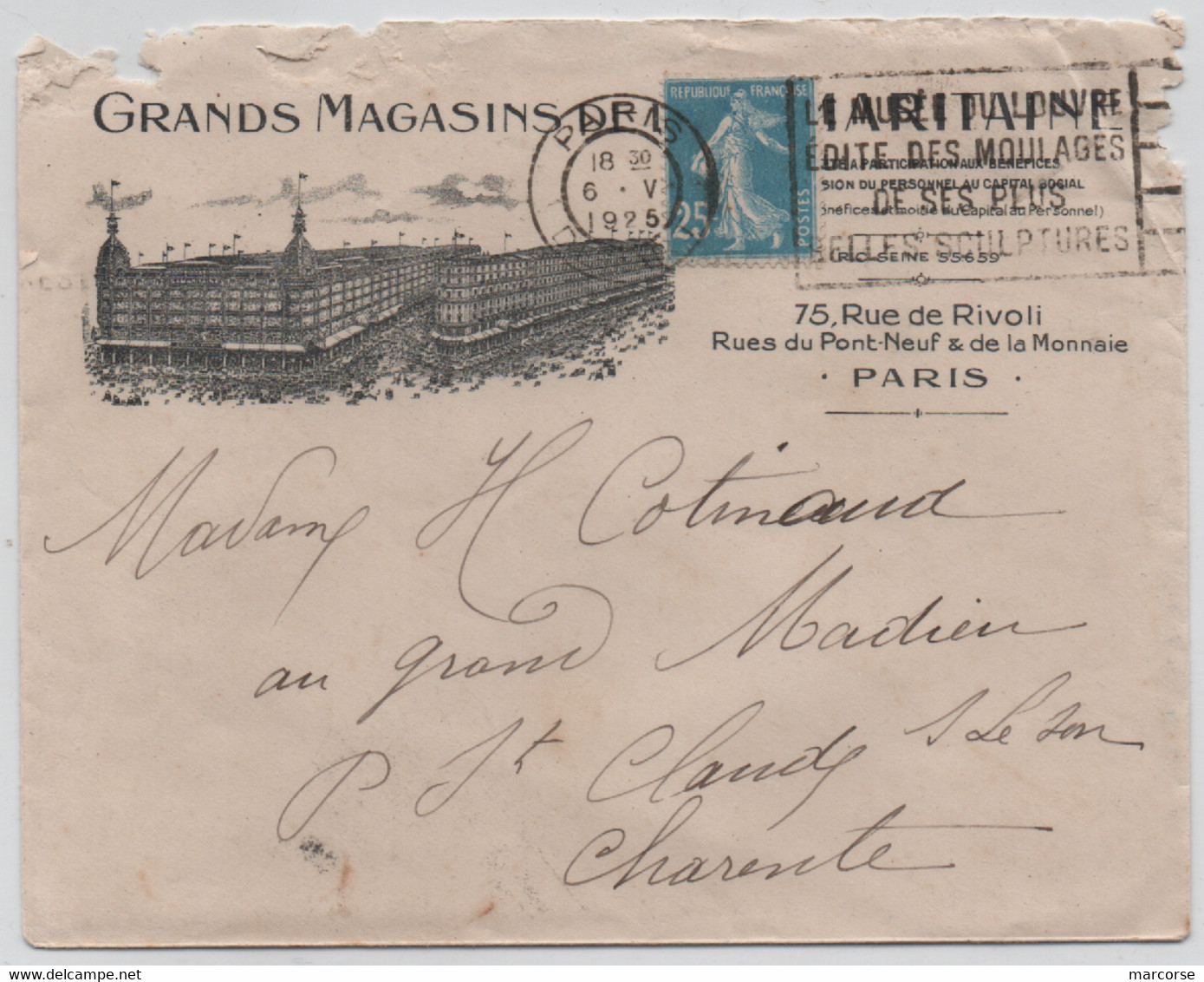 Roulette 25c Semeuse 140 IIIC Sur Enveloppe LA SAMARITAINE Paris 1925 (point Dans Signature) Voir Scans - Francobolli In Bobina