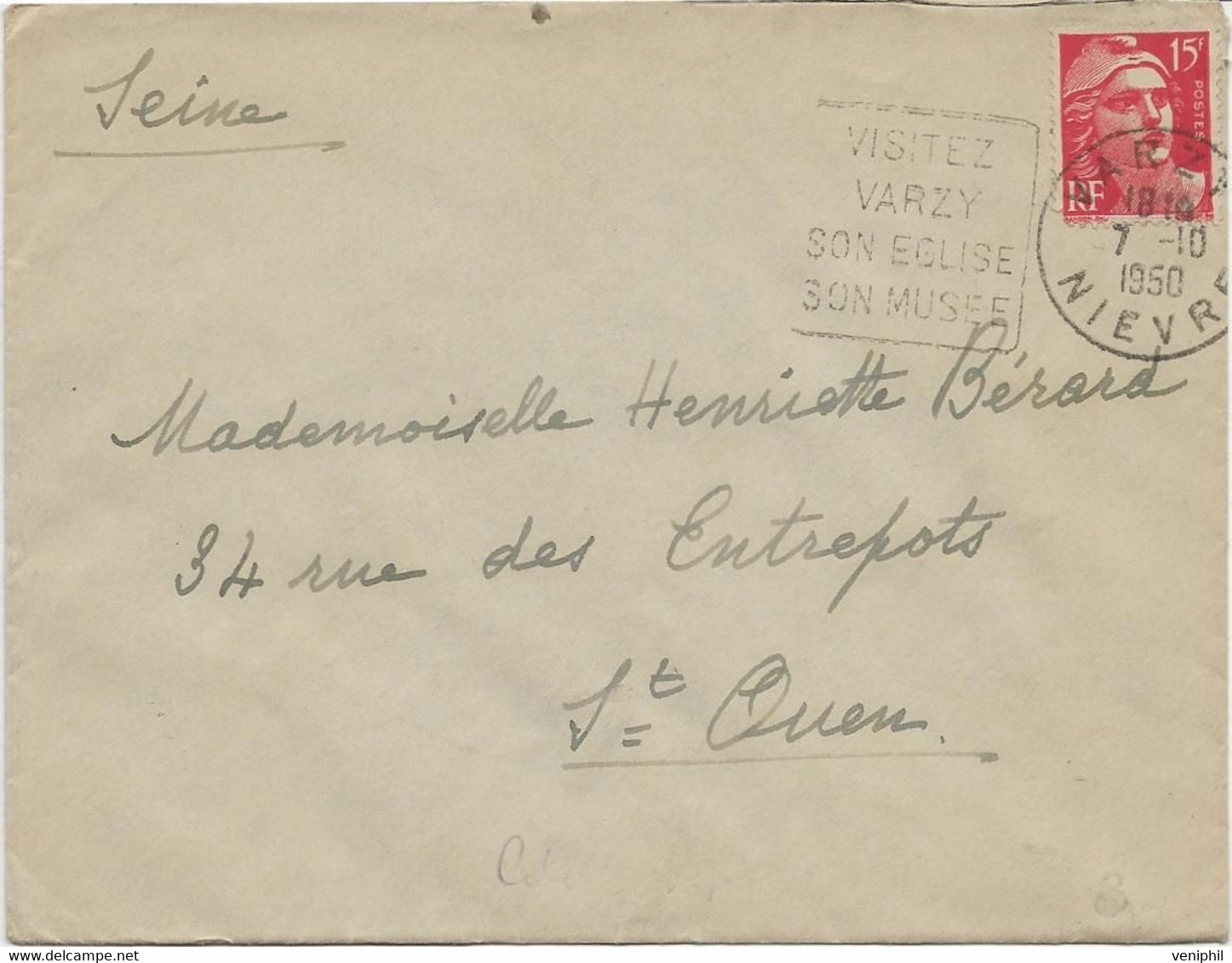 LETTRE OBLITERATION DAGUIN - " - VISITEZ VARZY -SON EGLISE SON MUSEE - NIEVRE -ANNEE 1950 - Mechanical Postmarks (Other)