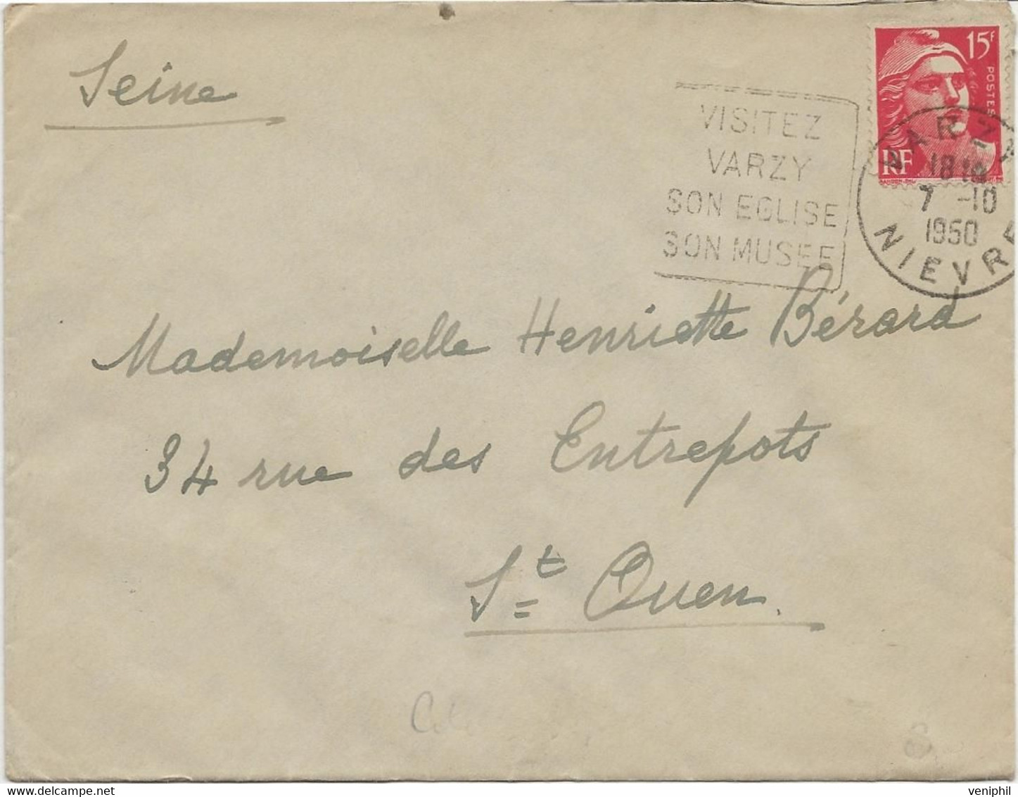 LETTRE OBLITERATION DAGUIN - " - VISITEZ VARZY -SON EGLISE SON MUSEE - NIEVRE -ANNEE 1950 - Maschinenstempel (Sonstige)