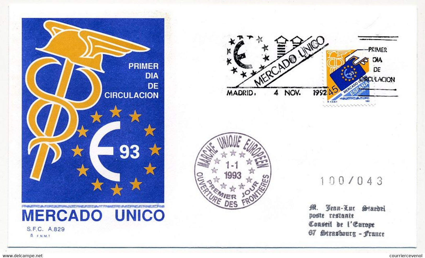 ESPAGNE - Enveloppe FDC - Mercado Unico - Madrid 4 Nov 1992 - European Ideas