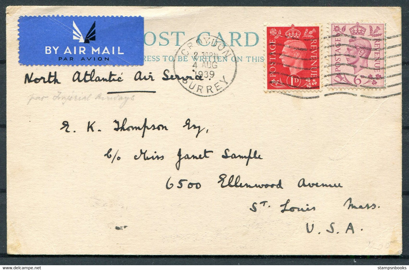 1939 GB Airmail Postcard North Atlantic Air Service, Sanderstead, Crawley - St Louis, USA Via New York. Imperial Airways - Covers & Documents