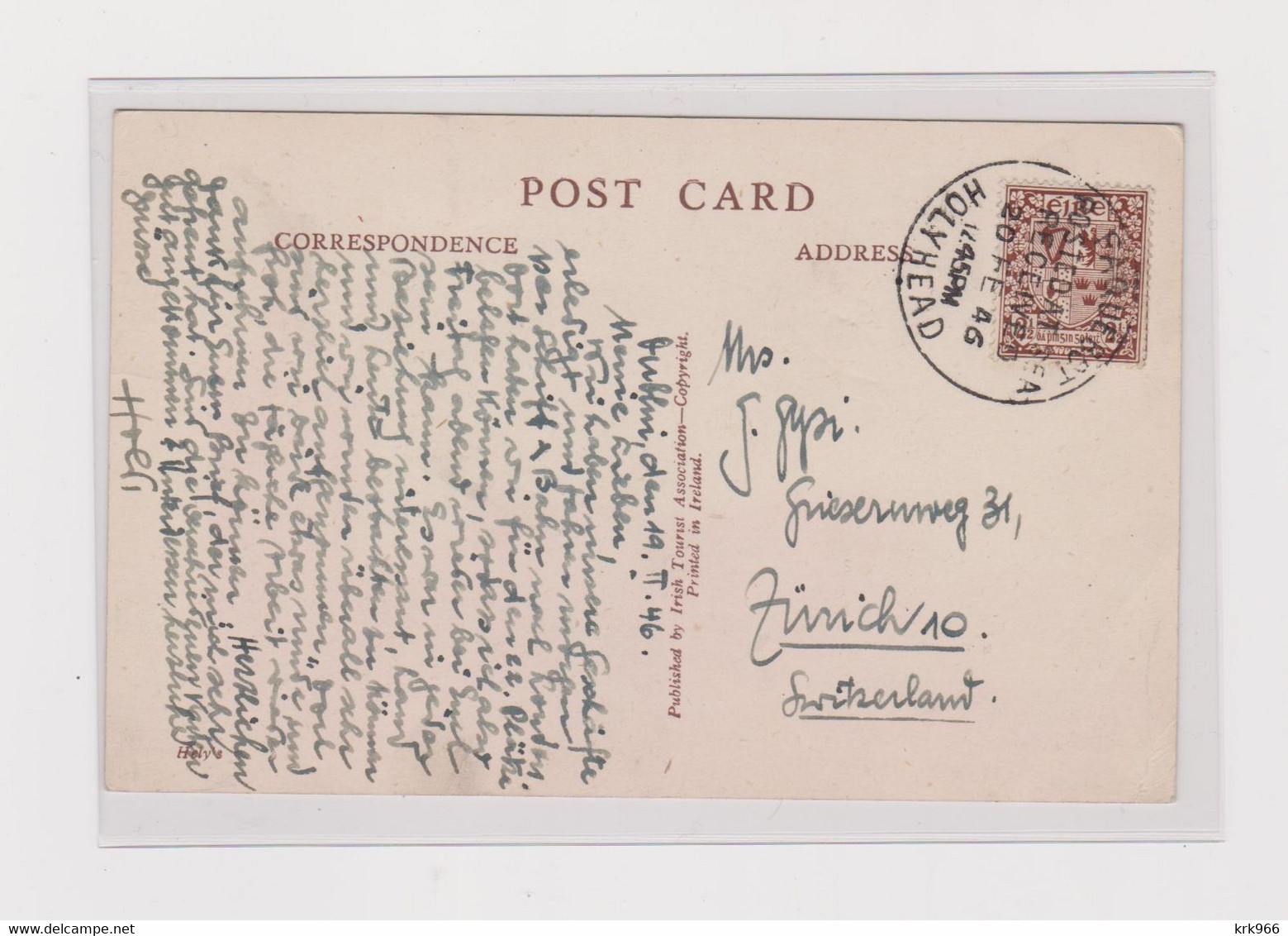 IRELAND 1946 Nice Postcard DUBLIN To SWITZERLAND Ship Cancel BAQUEBOT HOLLYHEAD - Briefe U. Dokumente