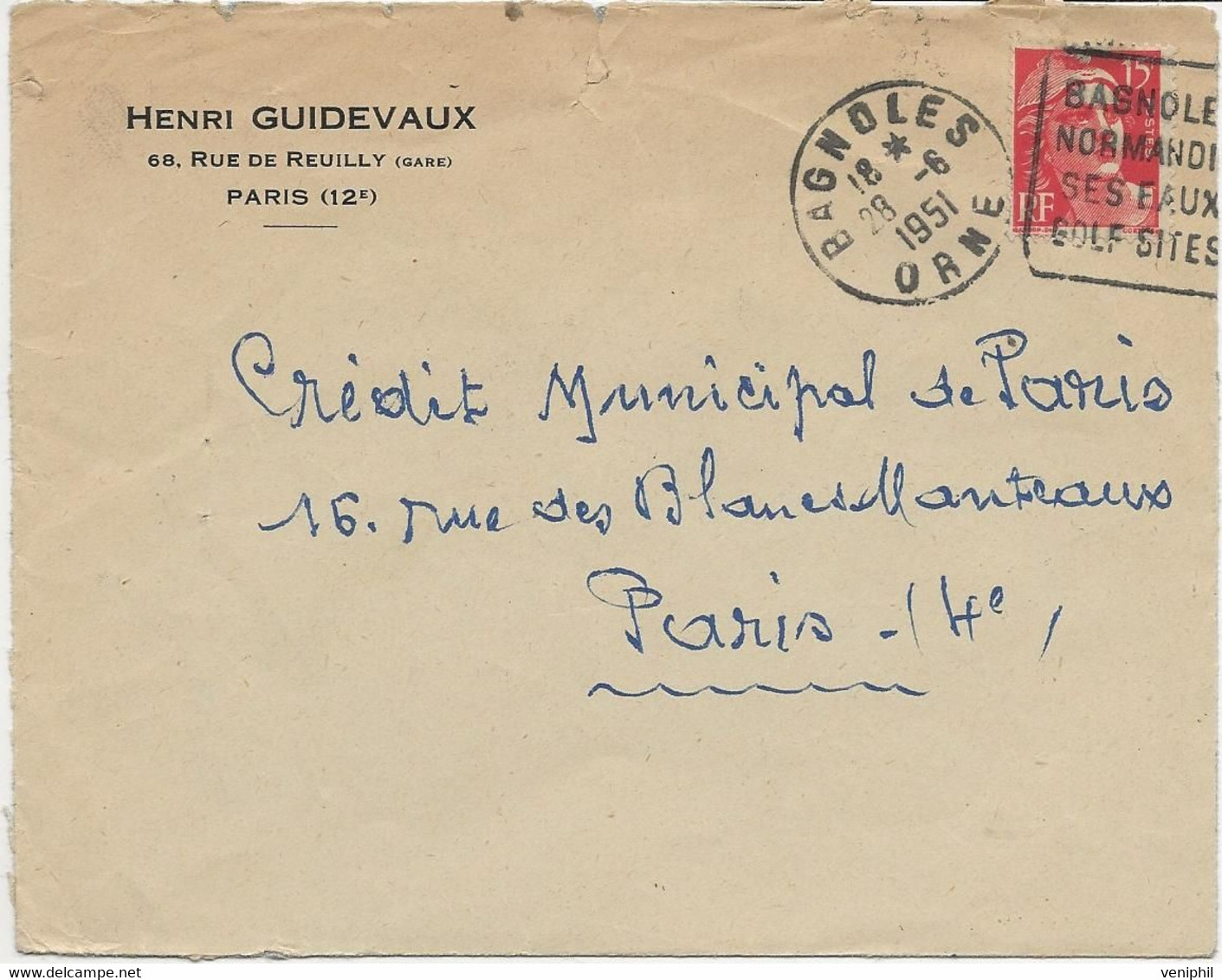 LETTRE OBLITERATION DAGUIN - " - BAGNOLES-NORMANDIE SES EAUX -GOLF SITES - ANNEE 1951 - Mechanical Postmarks (Other)