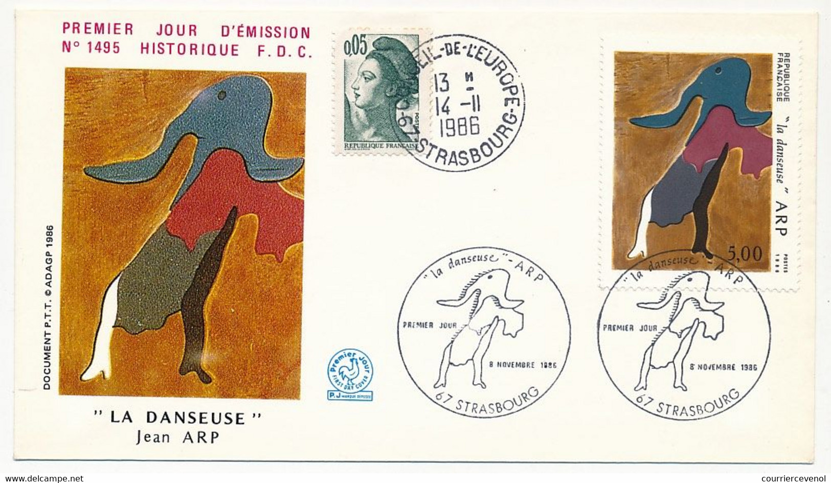 FRANCE => Enveloppe FDC - 5,00 La Danseuse ARP - 8 Novembre 1986 - Strasbourg + Conseil De L'Europe - 1980-1989