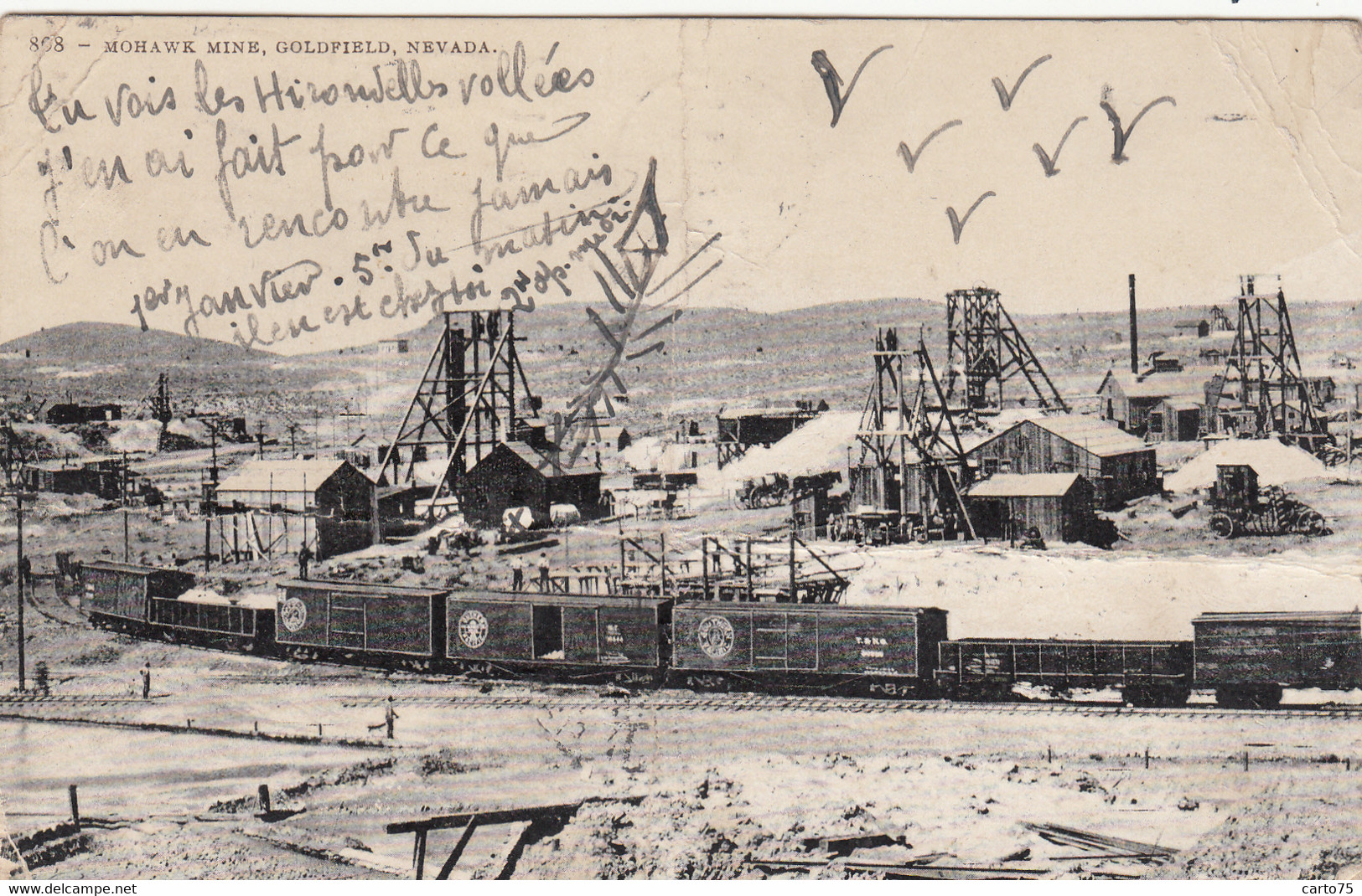 Métiers - Mines - Mine D'Or - Mohawk Mine - Goldfied Nevada - USA - Postmarked 1908 - Train Puits De Mines - Mijnen