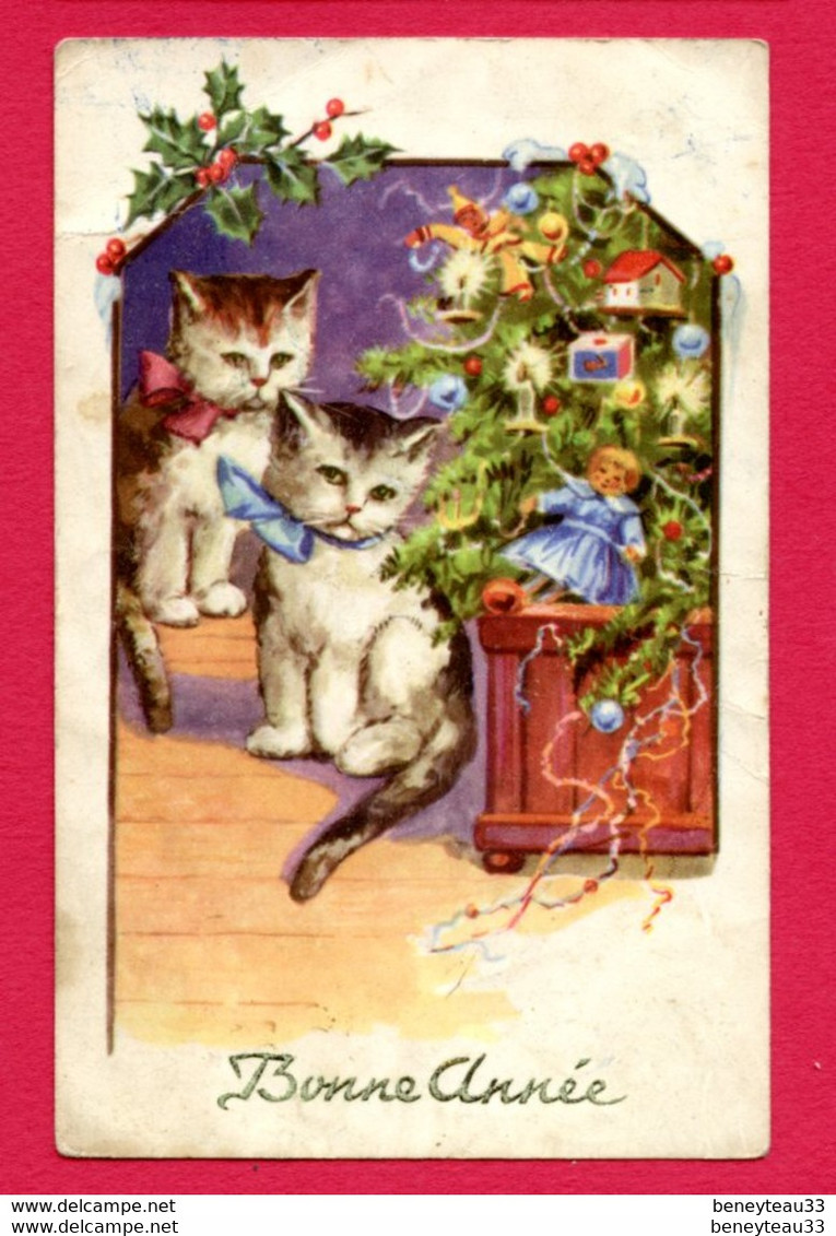 CPA (Ref : AA 766) (ANIMAUX & FAUNE) 2 Beaux Chats Et Une Poupée Pour L'arbre De Noël Bonne Année - Gatos