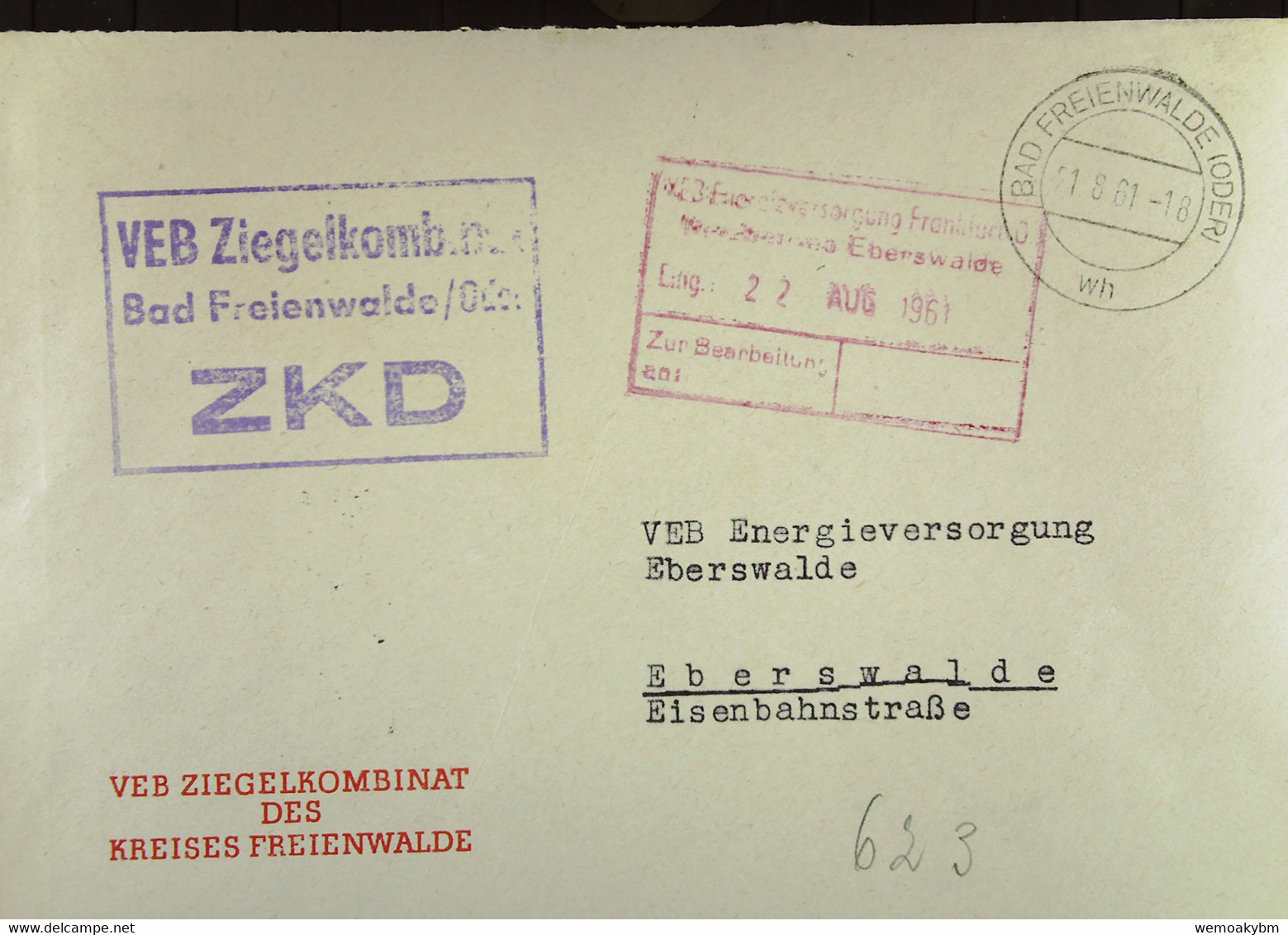 Fern-Brief Mit ZKD-Kastenst "VEB Ziegelkombinat Bad Freienwalde/Oder" Vom 21.8.61 An VEB Energieversorgung Eberswalde - Lettres & Documents