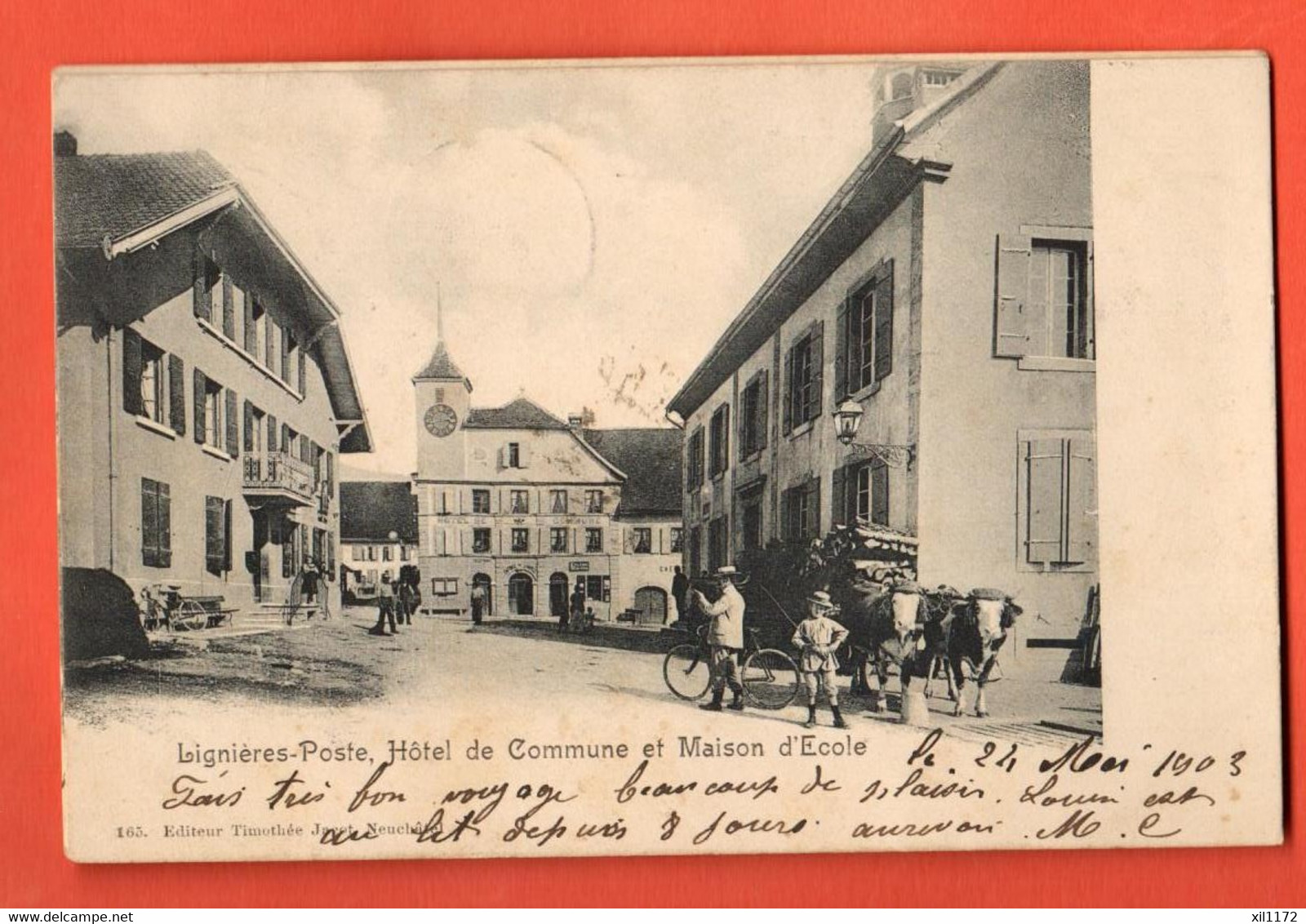 ZBV-17 TRES RARE Lignières-Poste Près Landeron. Littoral .Hotel De Commune Et Ecole. Attelage Boeufs, ANIME. Préc 1903. - Le Landeron