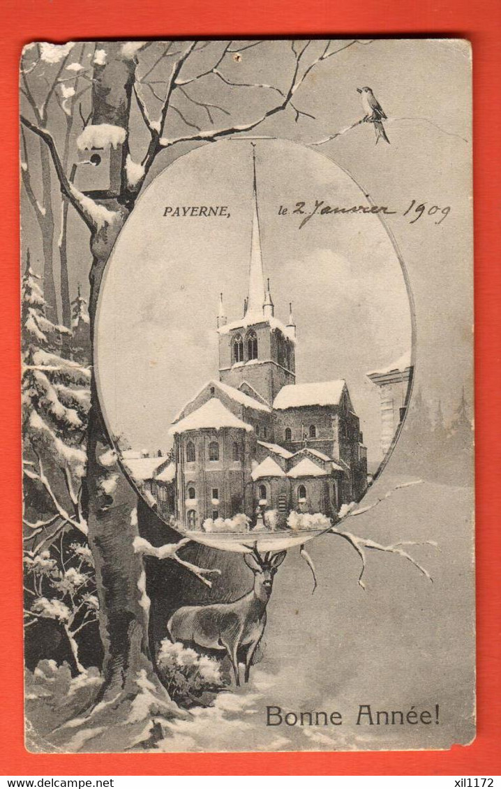 ZBV-23  Litho Payerne, Eglise, Biche Bonne Année. Petite Encoche Visible. Circulé 1909 - Payerne