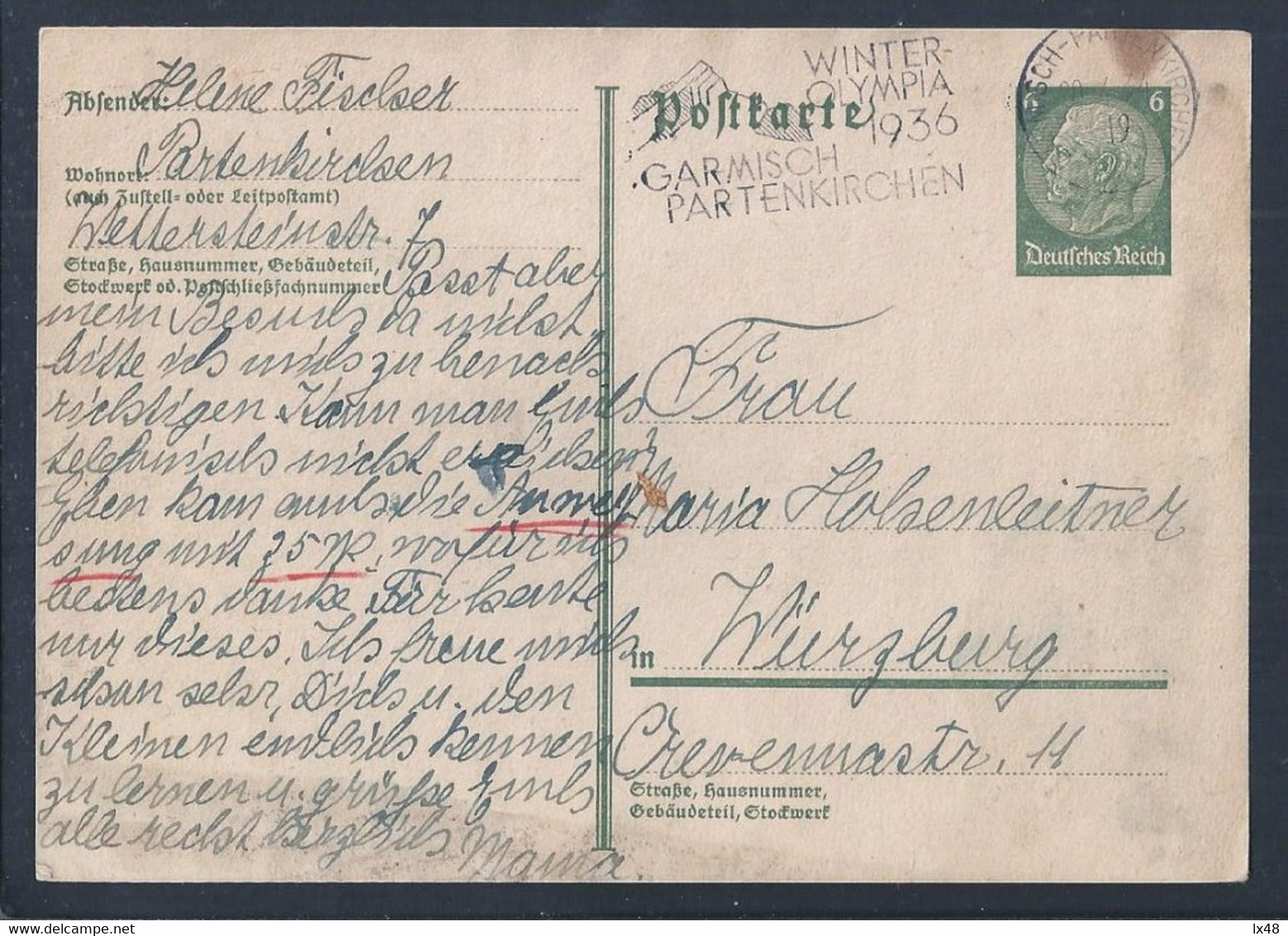 Garmisch 1936. Olympic Winter Games 1936 Garmich. Postal Stationery Advertising Streamer 20/4/1934. Raro. Olympic Winter - Hiver 1936: Garmisch-Partenkirchen