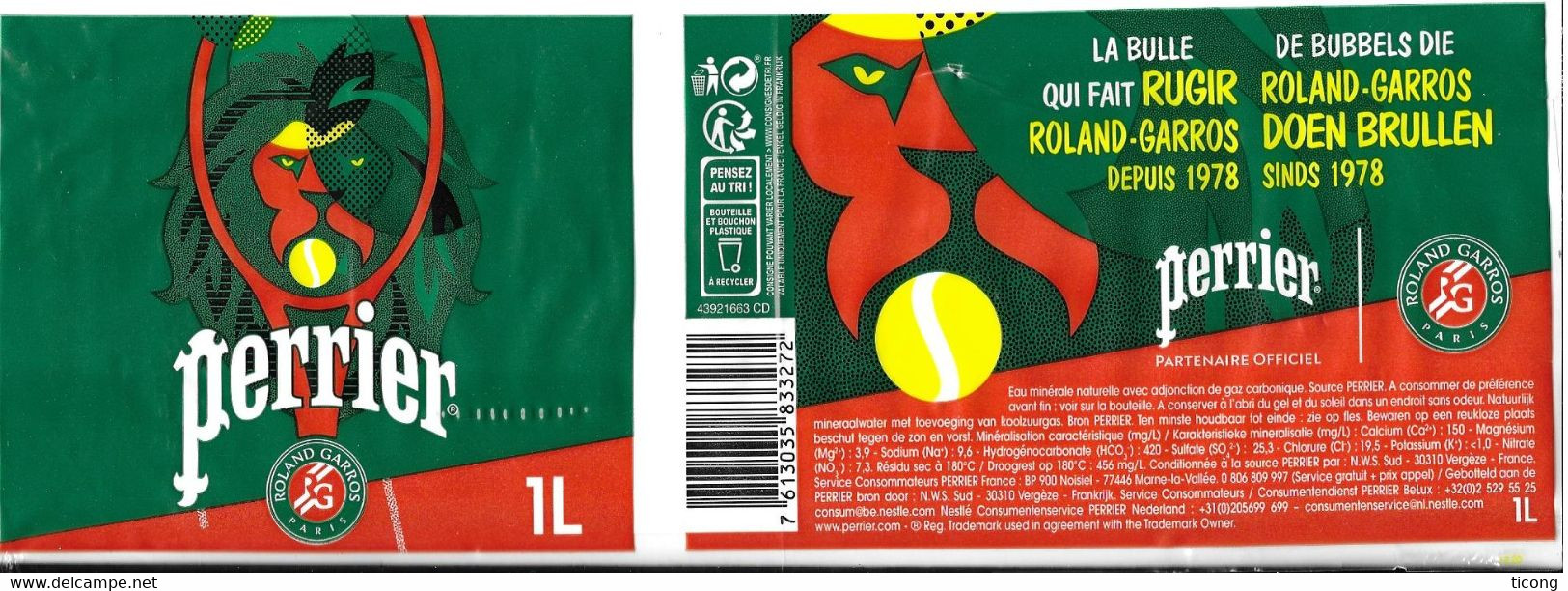 ROLLAND GARROS PERRIER PARTENAIRE OFFICIEL DEPUIS 1978, LION ET BALLE DE TENNIS, VOIR LE SCANNER - Other & Unclassified