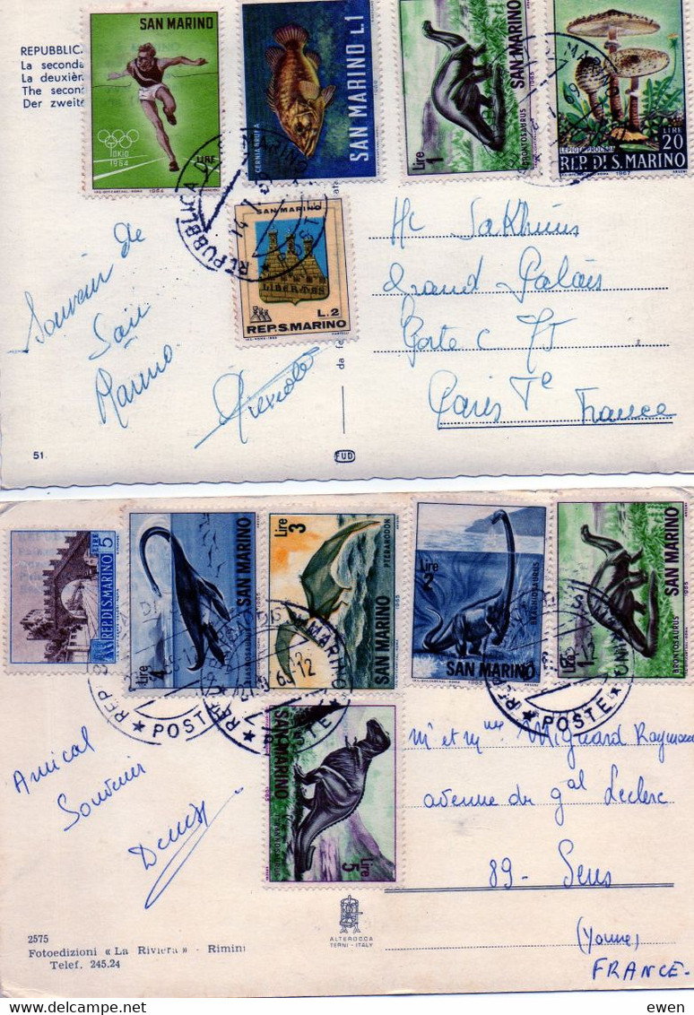 11 Timbres De San Marin (San Marino) Sur Cartes Postales Voyagées Vers La France (Dinosaures) - Brieven En Documenten