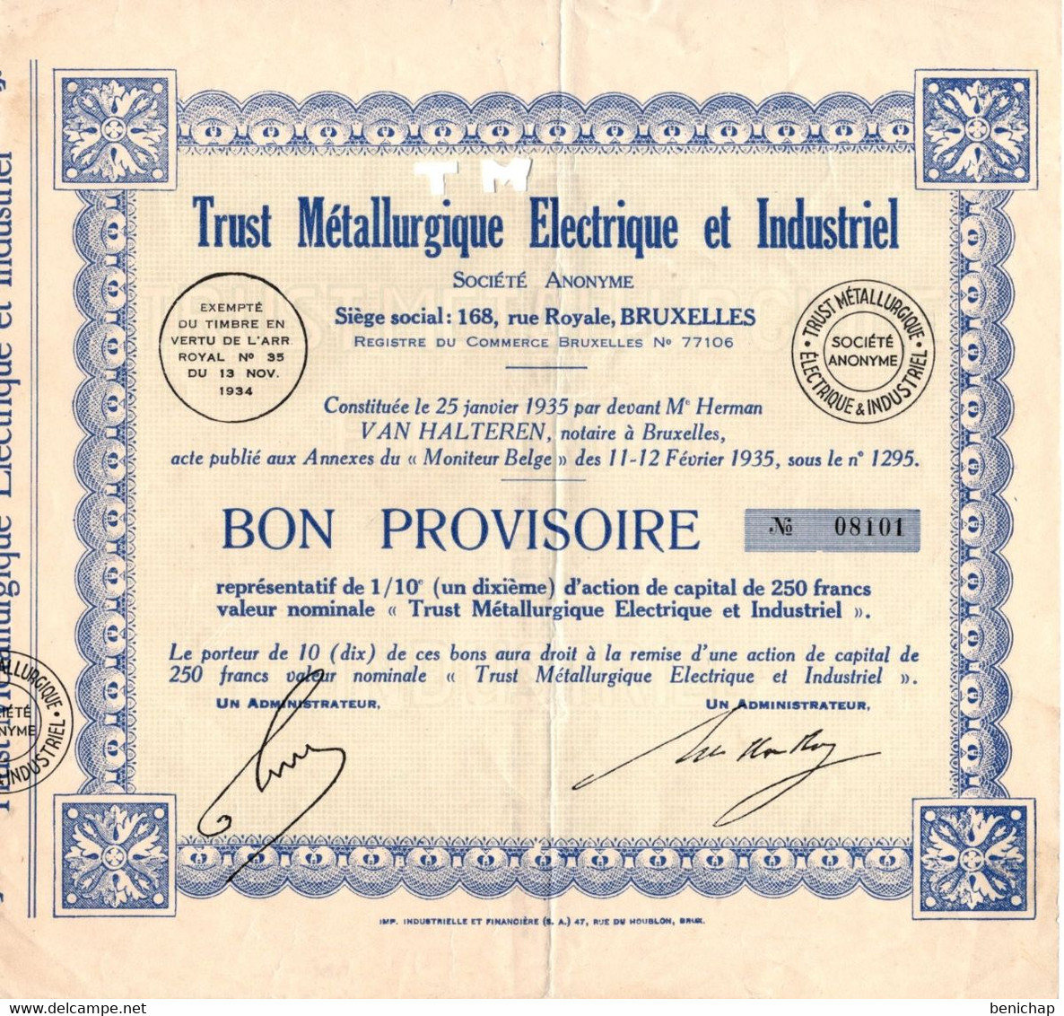 Action De Capital - Bon Provisoire Représentatif Valeur Nominale - Trust Méttalurgique Electrique Et Industriel S.A. - Industrie