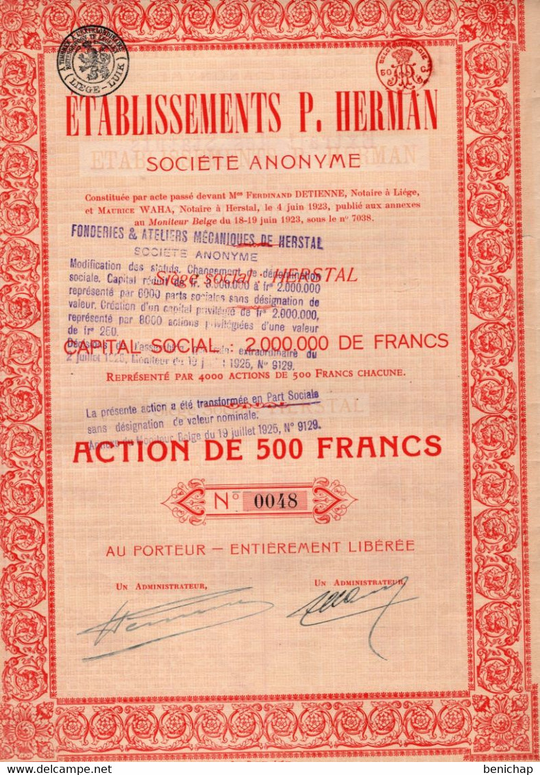 Action De 500 Frcs Au Porteur - Etablissements P.Herman S.A.- Pièces Détachées Cycles - Autos - Motos - Herstal 1923. - Industrie