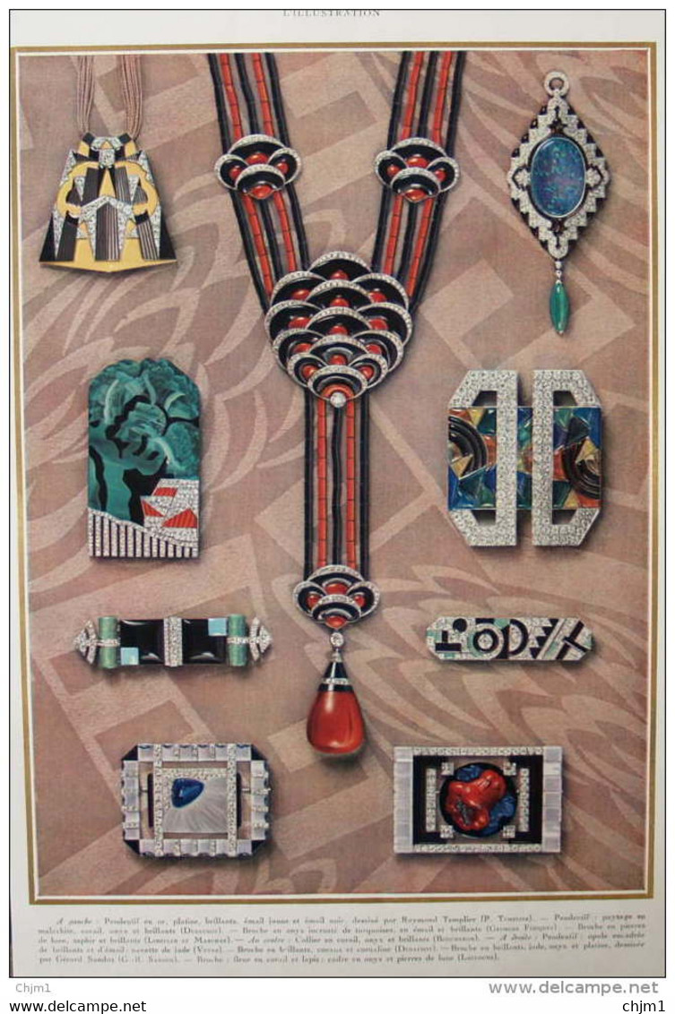 Le Bijou Moderne - Collier En Corail, Onyx Et Brillants  - Broche En Brillants  - Page Original En Couleur 1927 - 2 - Documentos Históricos