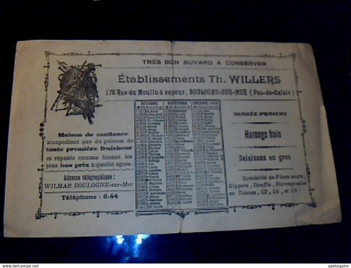 Vieux Papier Publicité Buvard Calendrier De 1928 Ets. Th. Willers Pêcherie De Harengs à Boulogne Sur Mer (Pas De Calais) - W